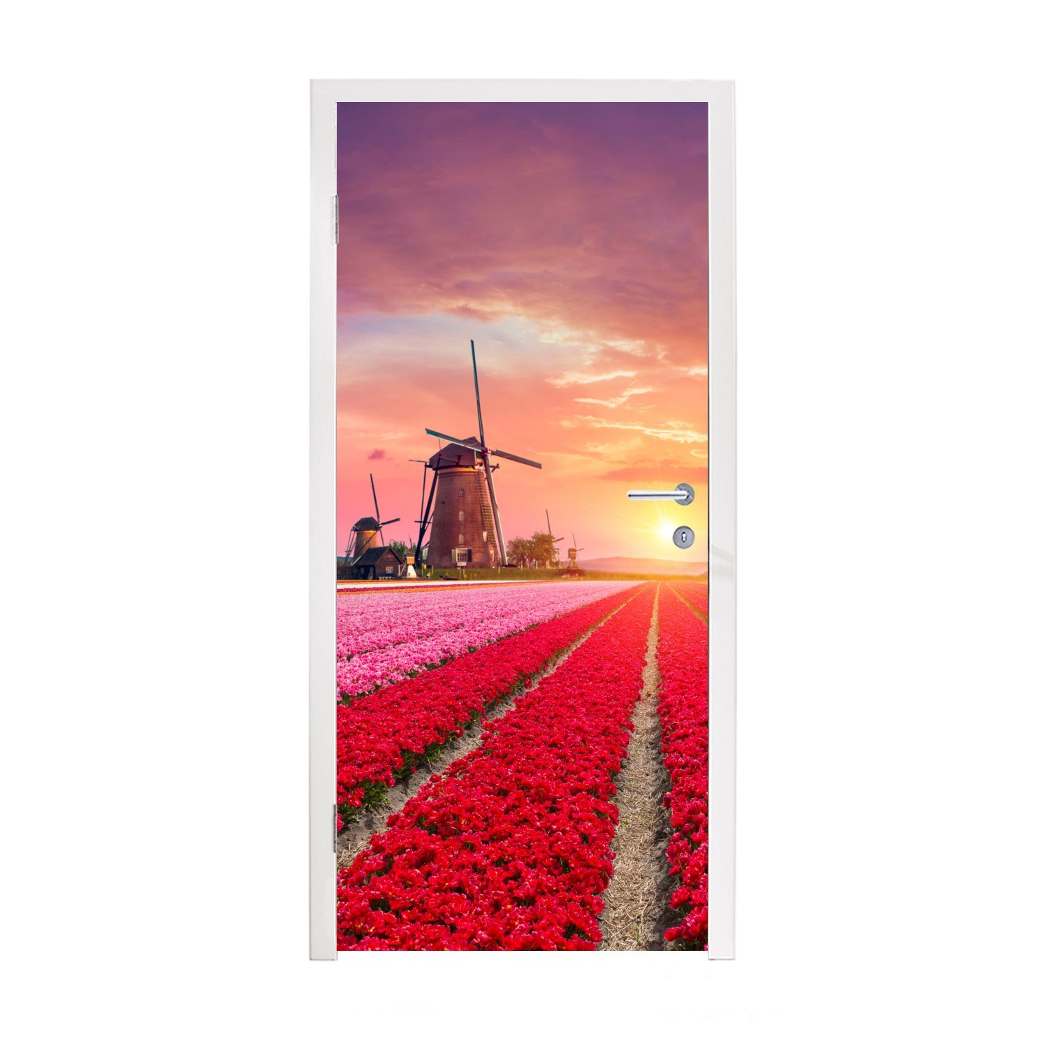 MuchoWow Türtapete Blumen - Windmühle - Tulpen - Sonnenuntergang - Rosa, Matt, bedruckt, (1 St), Fototapete für Tür, Türaufkleber, 75x205 cm