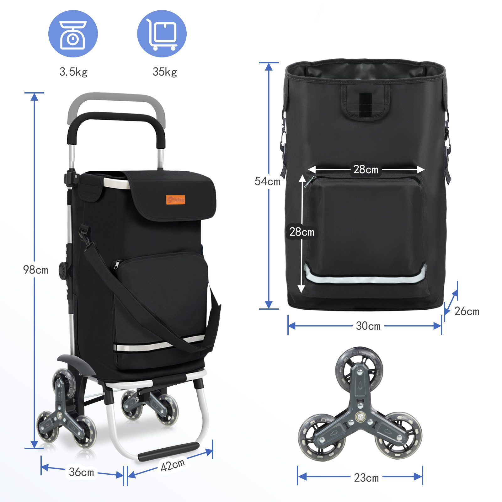Sekey Einkaufstrolley Klappbarer Einkaufswagen mit Kühlfach, Treppensteiger Trolley 3 in 1, Faltbarer Einkaufswagen inkl. Einkaufschip und Spanngurt