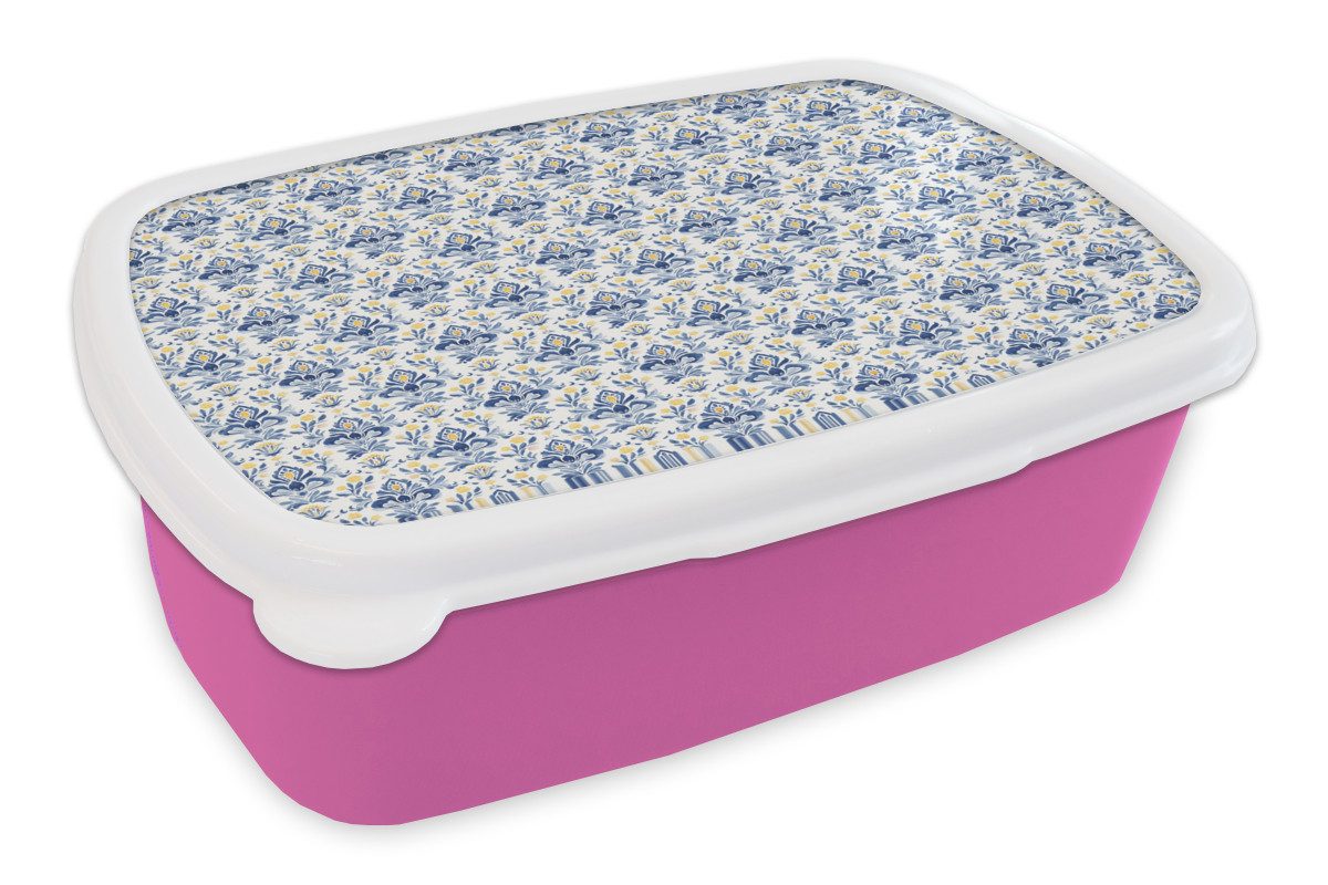 MuchoWow Lunchbox Patroon - Bloem - Blauw - Geel, Kunststoff, (2-tlg), Brotdosen, Lunch Box, Brotbox für Kinder und Erwachsene