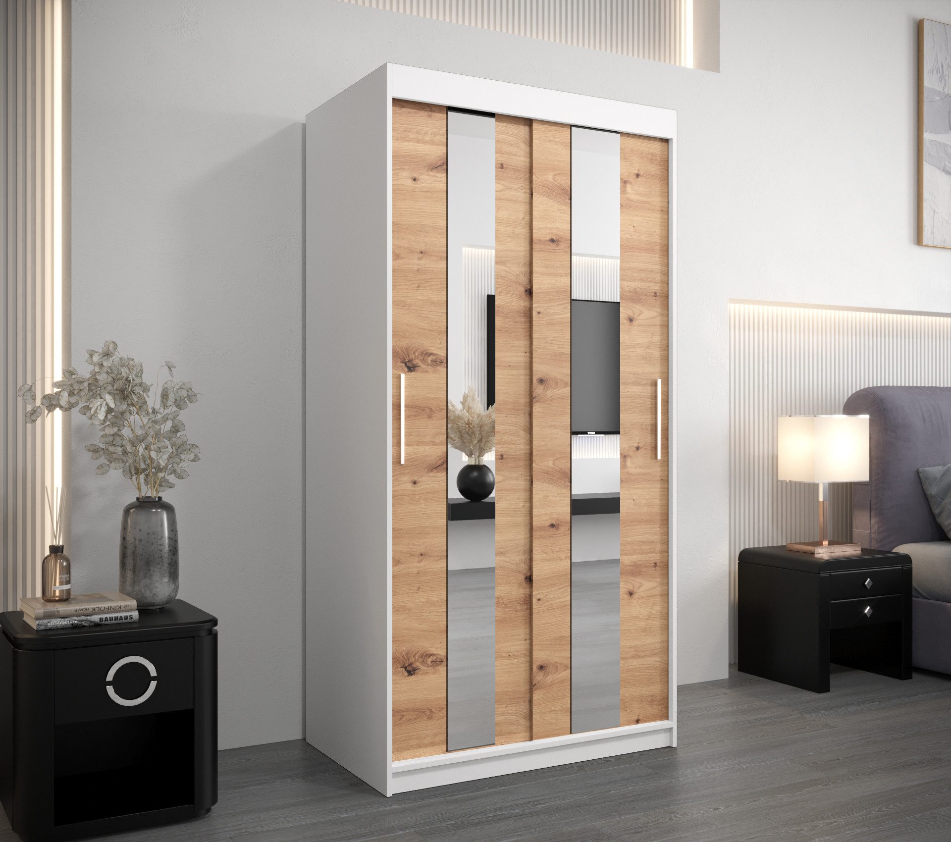 ABIKS MÖBEL Schwebetürenschrank POLE Schlafzimmerschrank - mit Spiegel, Kleiderstange und Regalen