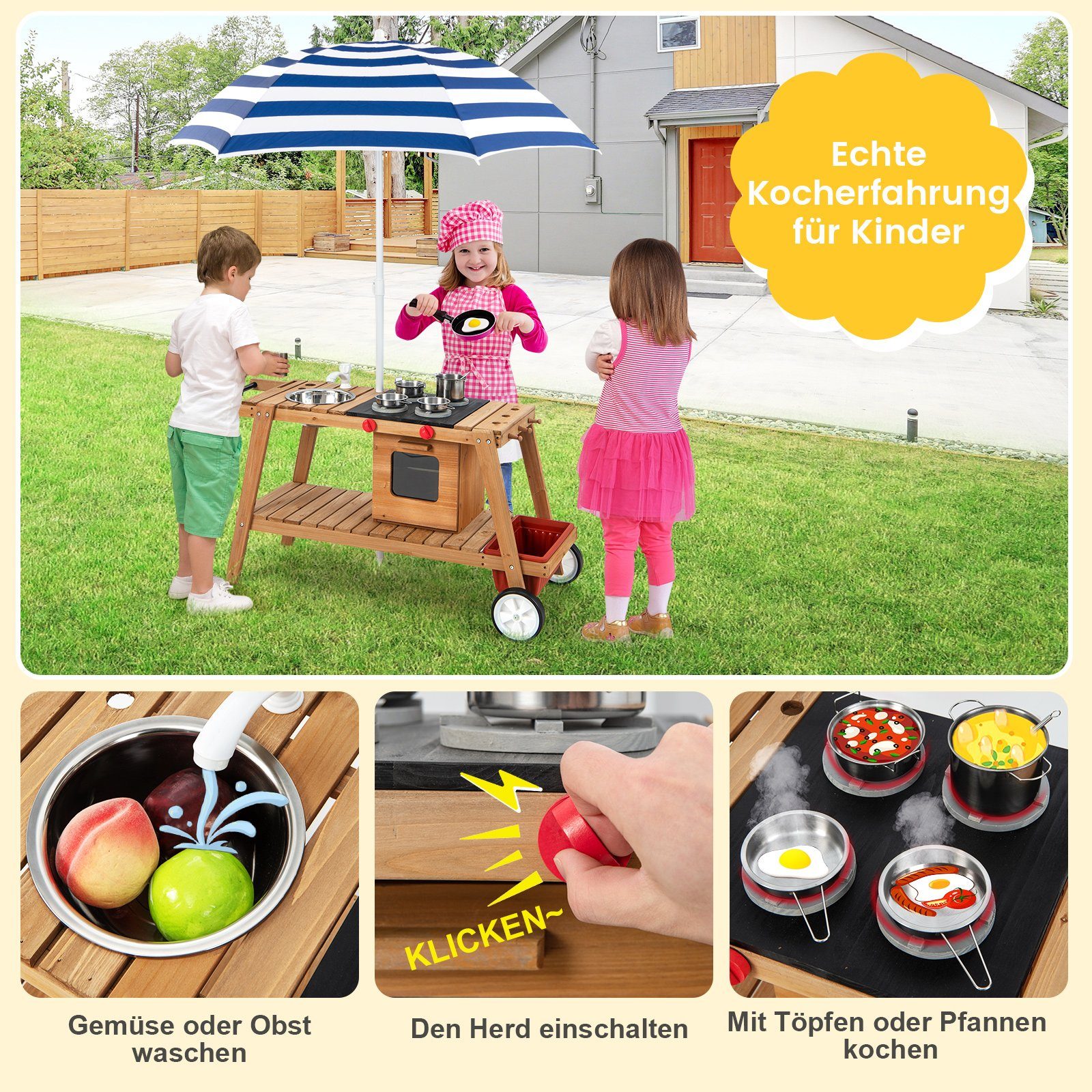 COSTWAY Outdoor-Spielküche Matschküche Holz, mit Sonnenschirm, günstig online kaufen