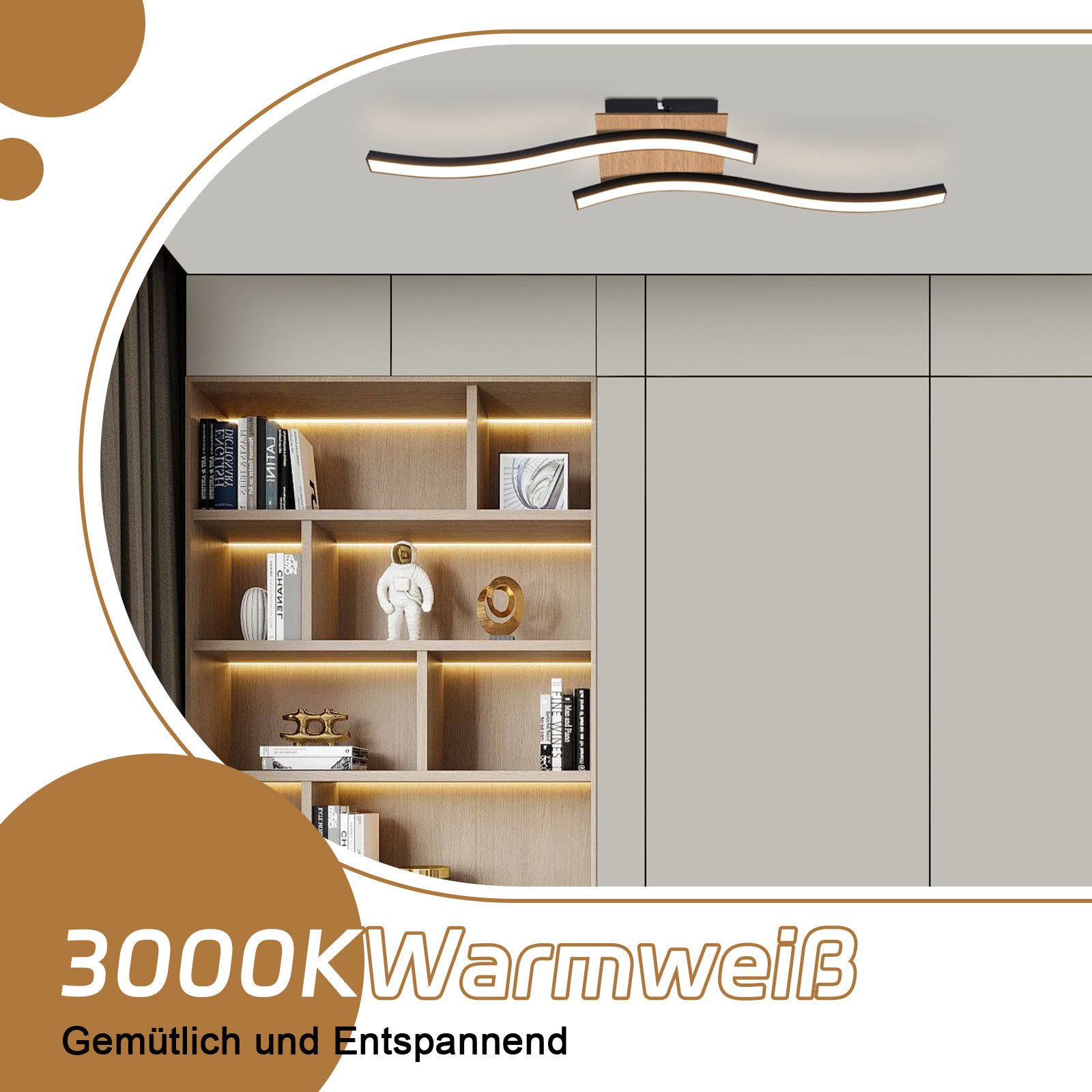 ZMH LED Deckenleuchte Wohnzimmer Holz Schwarz Wellenförmig Modern Deckenlampe Warmweiß, LED fest integriert, 3000K, Augenschutz Küchenlampe für Flur