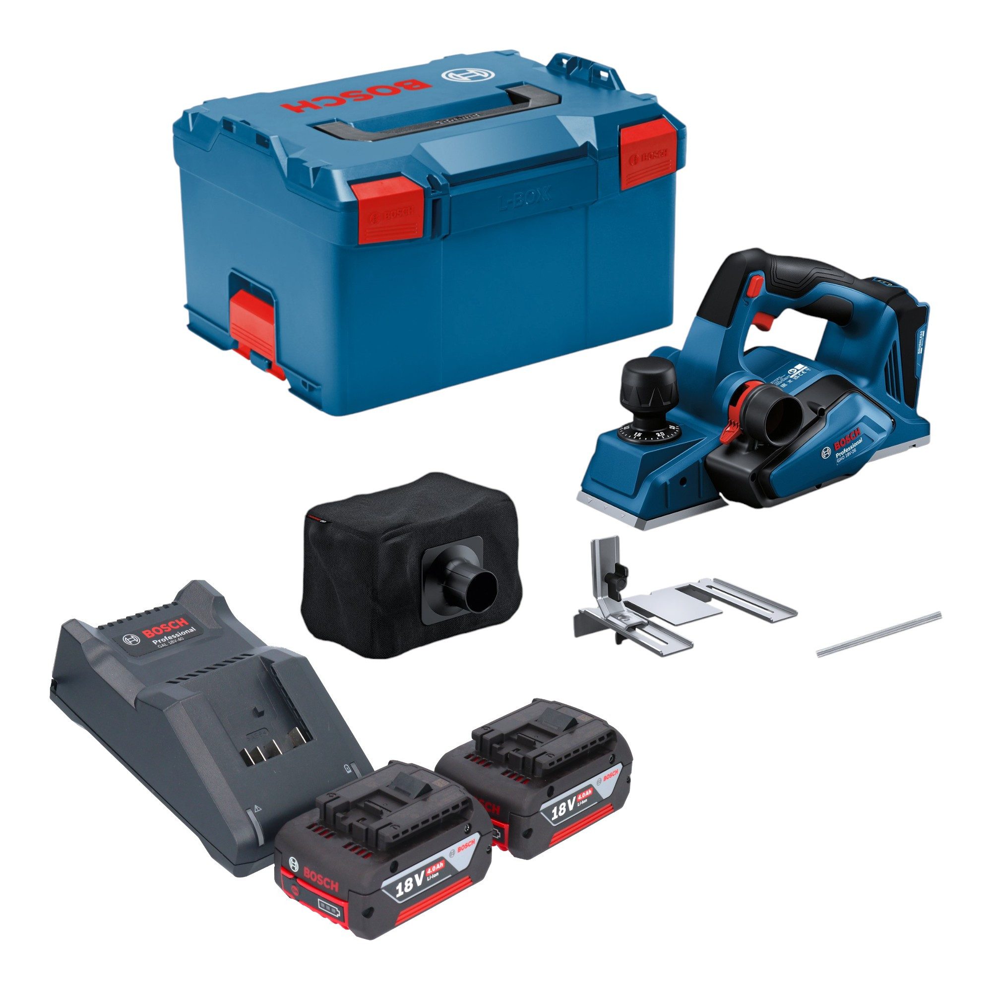 Bosch Professional Elektrohobel GHO 18V-26 Professional 18 V 2,6 mm + 2x Akku 4,0 Ah + Lader + L-Boxx
