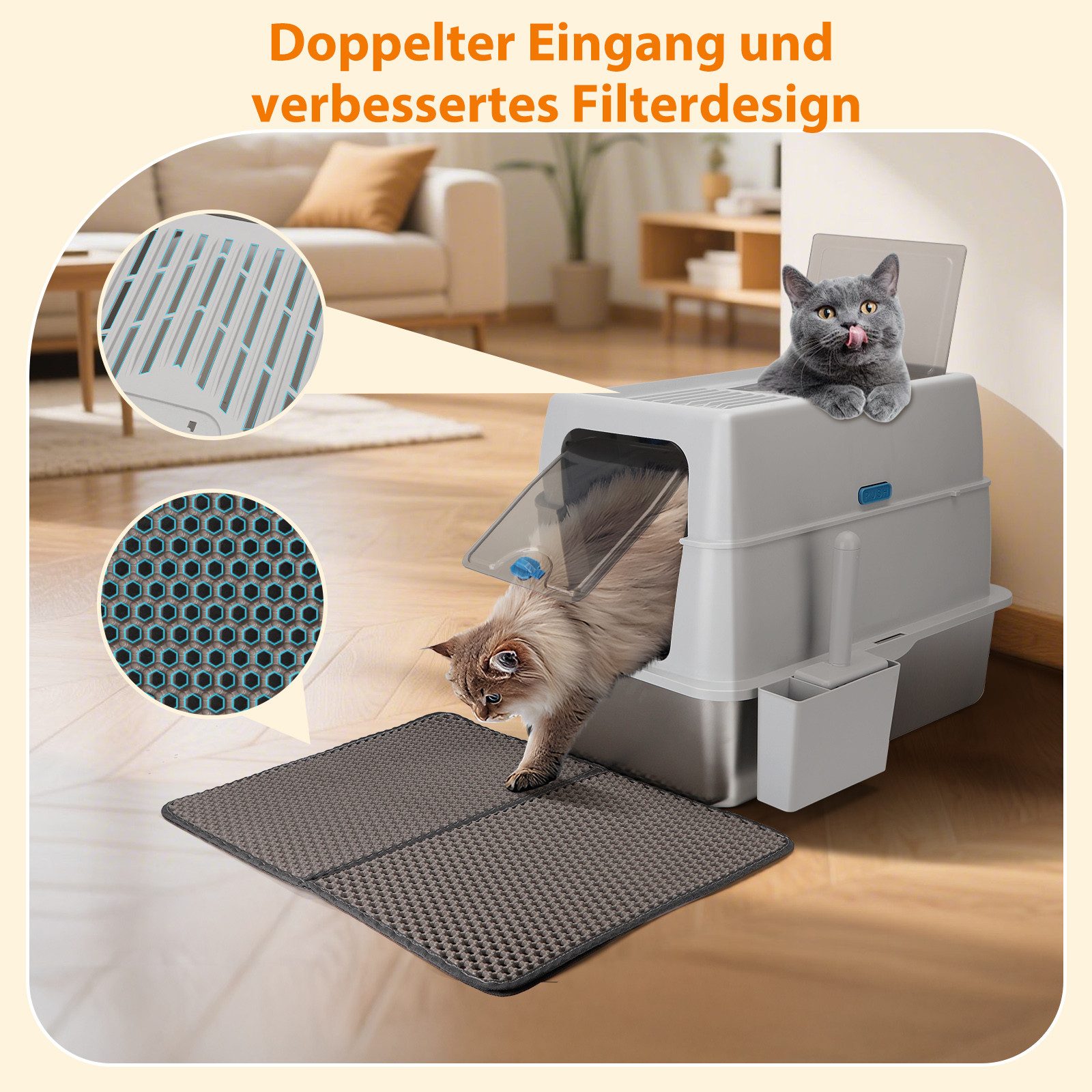 nobleza Katzentoilette Geschlossene Katzentoilette Edelstahl XXL mit Deckel 38L