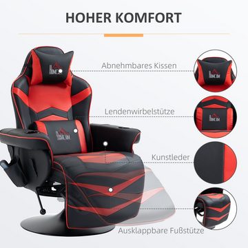 HOMCOM Massagesessel Massagefunktion, inkl. Fußstütze, Liegefunktion, Rot + Schwarz (Gaming-Chair, 1-St., Relaxsessel), abnehmbare Kissen, die Lendenwirbelstütze und der Getränkehalter