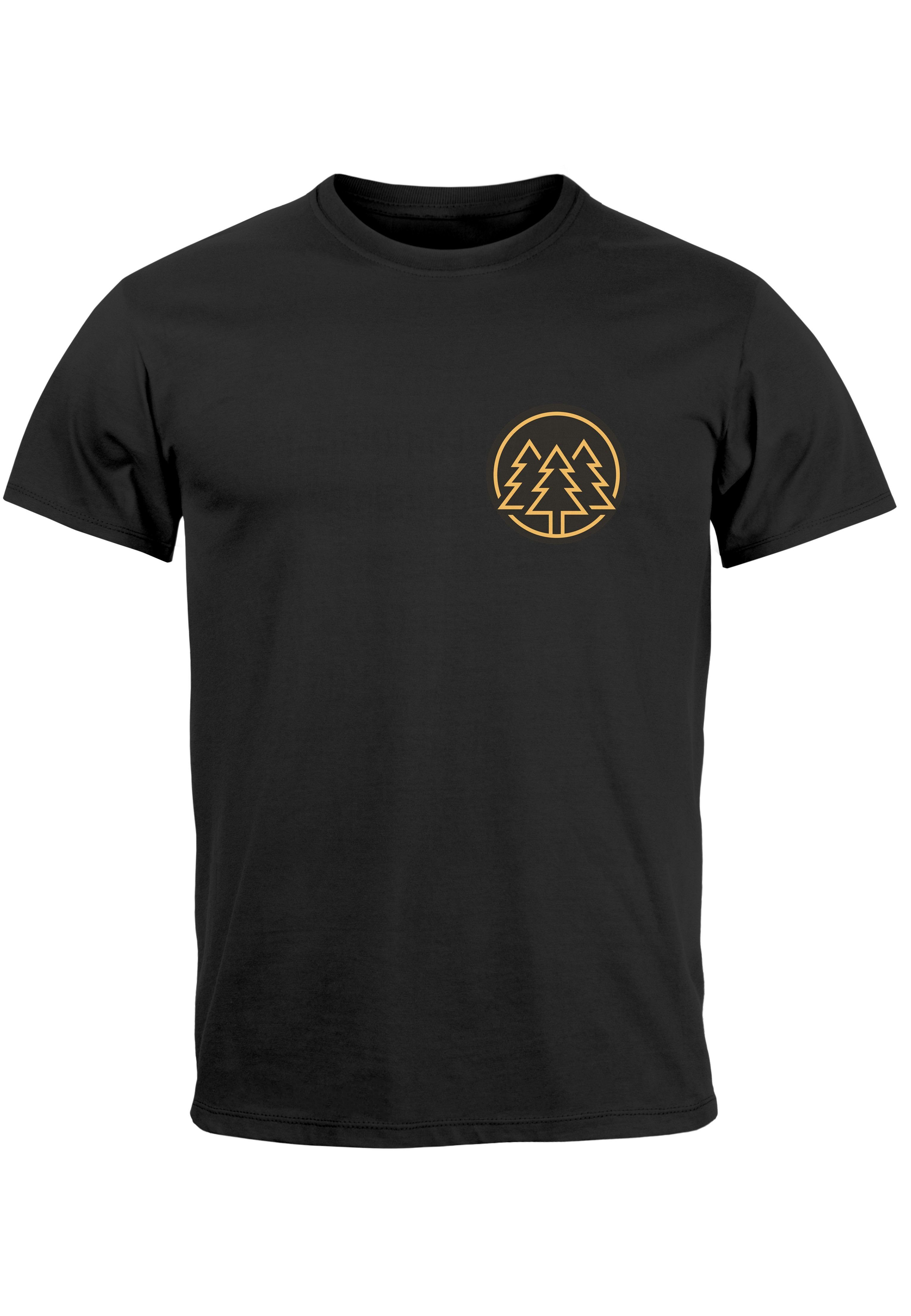 Neverless Print-Shirt Herren T-Shirt Print Logo Wald Bäume Outdoor Wandern Motiv Fashion Str mit Print schwarz