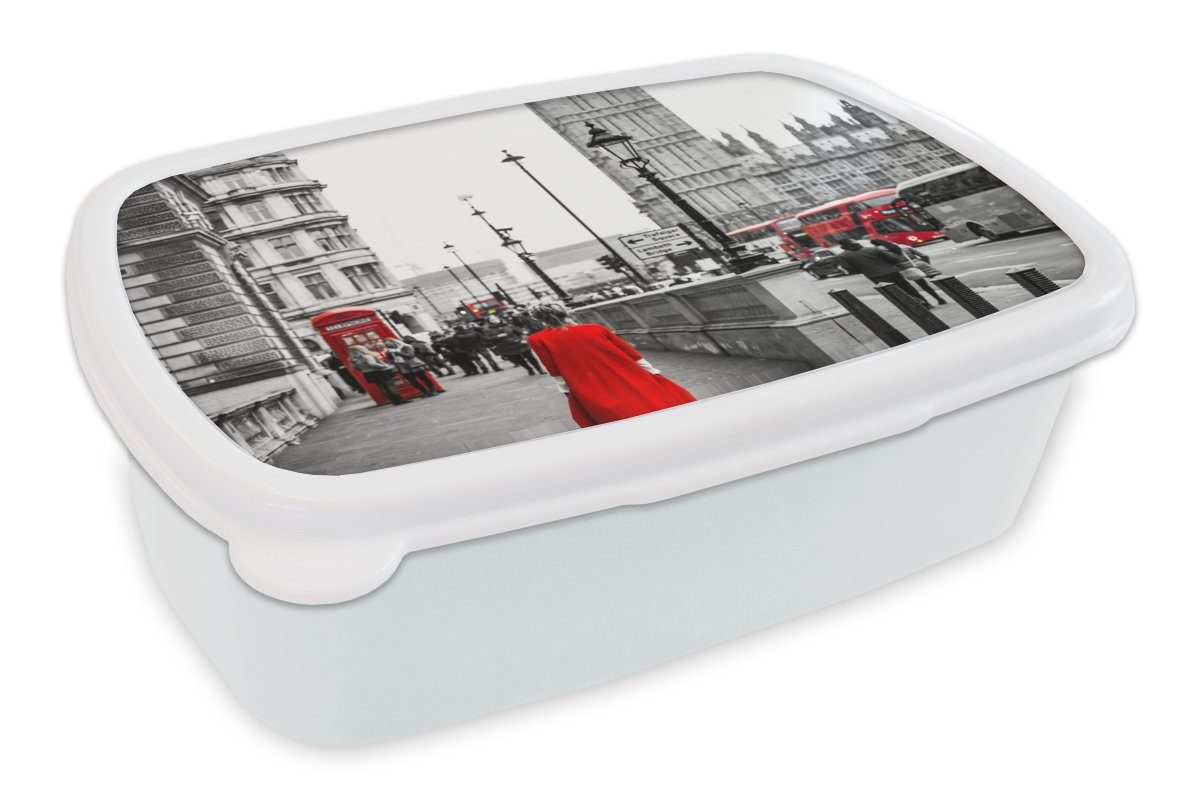 Brotdose, für einer einem in und Lunchbox für und (2-tlg), Kinder Erwachsene, Mädchen Jungs Frau Brotbox roten Schwarz-Weiß-Foto Kunststoff, MuchoWow Kleid,