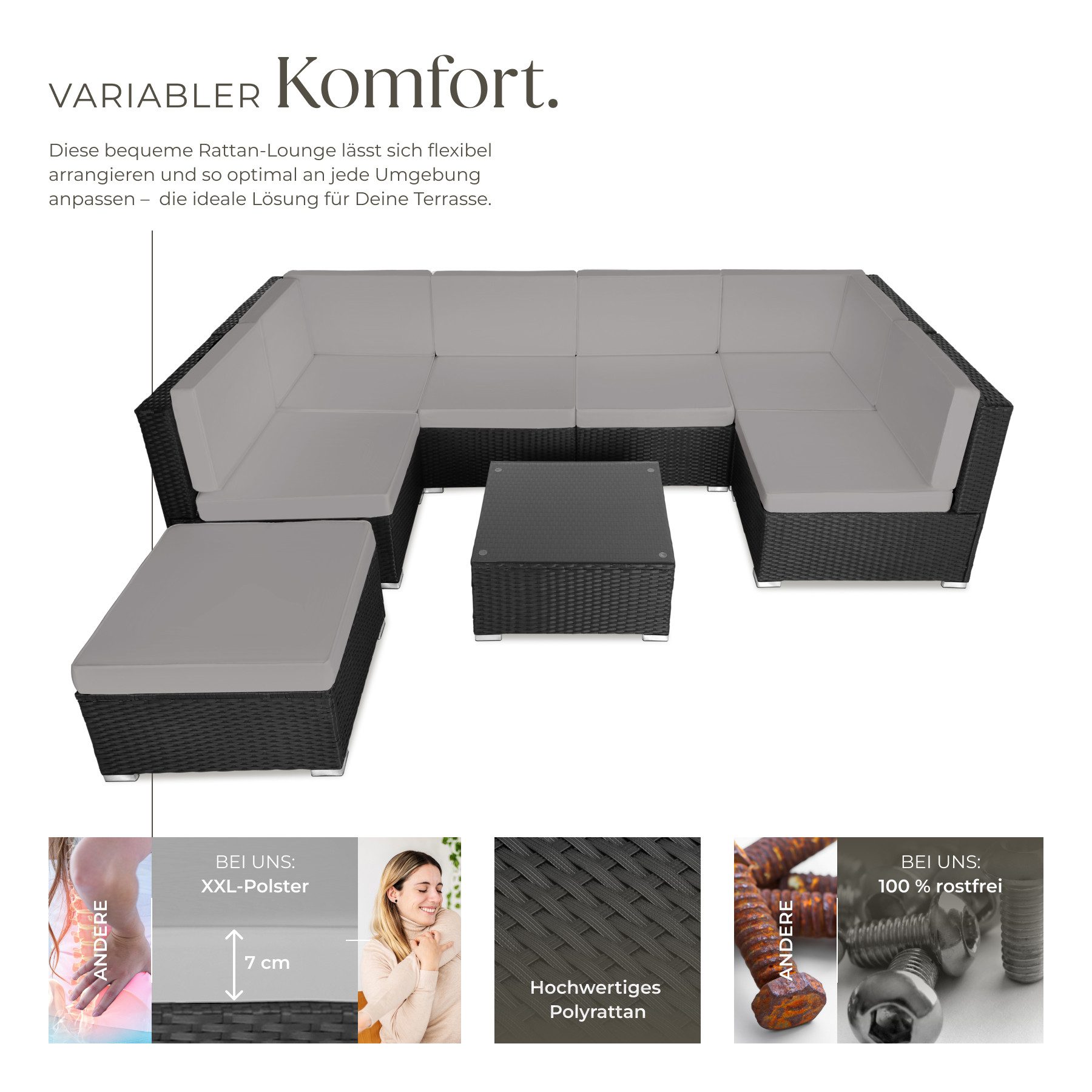 tectake Loungeset Rattan Sitzgruppe mit Sicherheitsglasplatte, für 6 bis 7 Personen, (Gartenlounge-set Venedig, 8-tlg., geeignet für Outdoor in Schwarz/Grau), widerstandsfähig und UV-beständig, Dicke der Polster 7 cm