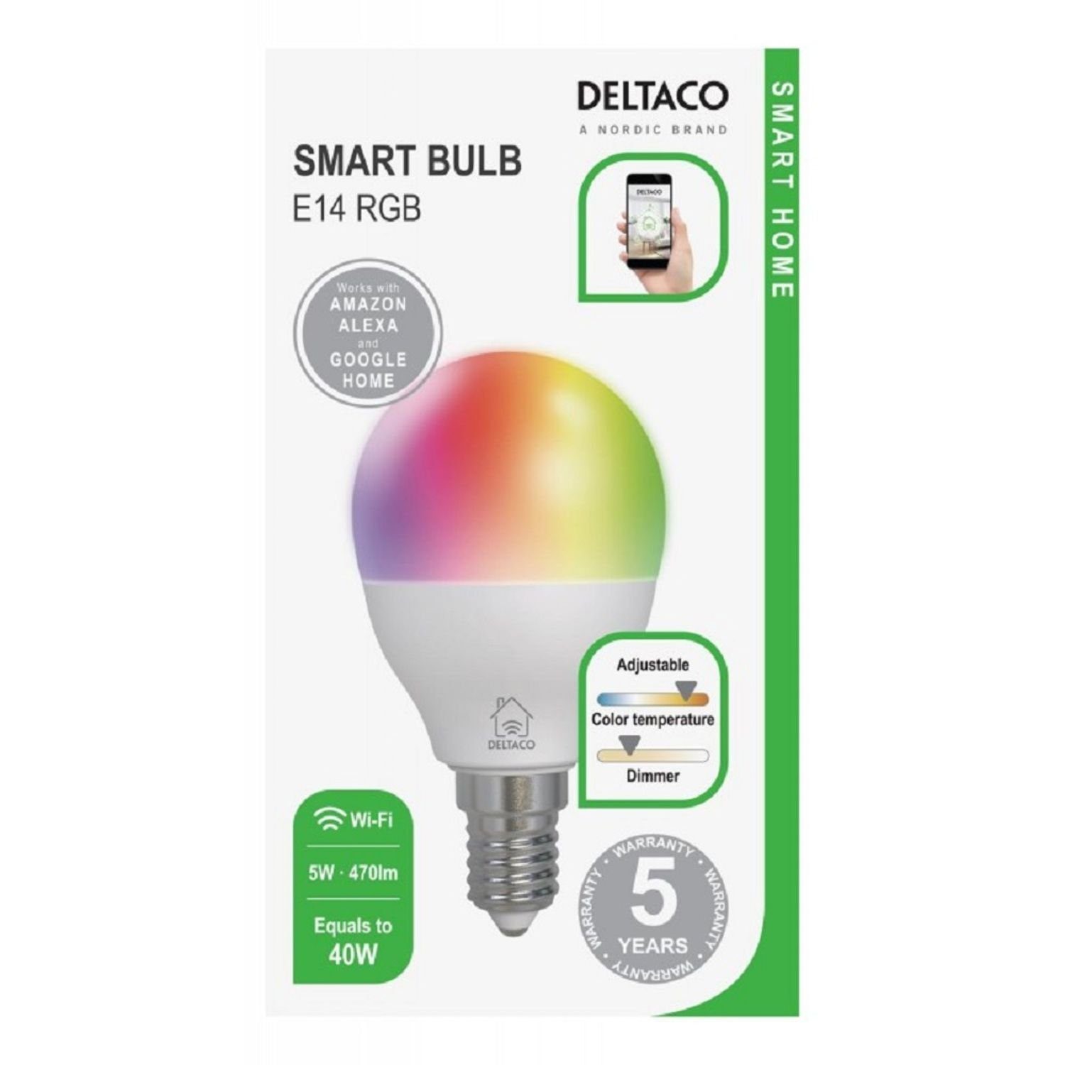 DELTACO SMART HOME LED-Leuchtmittel Jahre 5 E14-Sockel für SH-LE14G45RGB RGB, inkl. Birne Herstellergarantie LED Smarte dimmbar E14, 5W