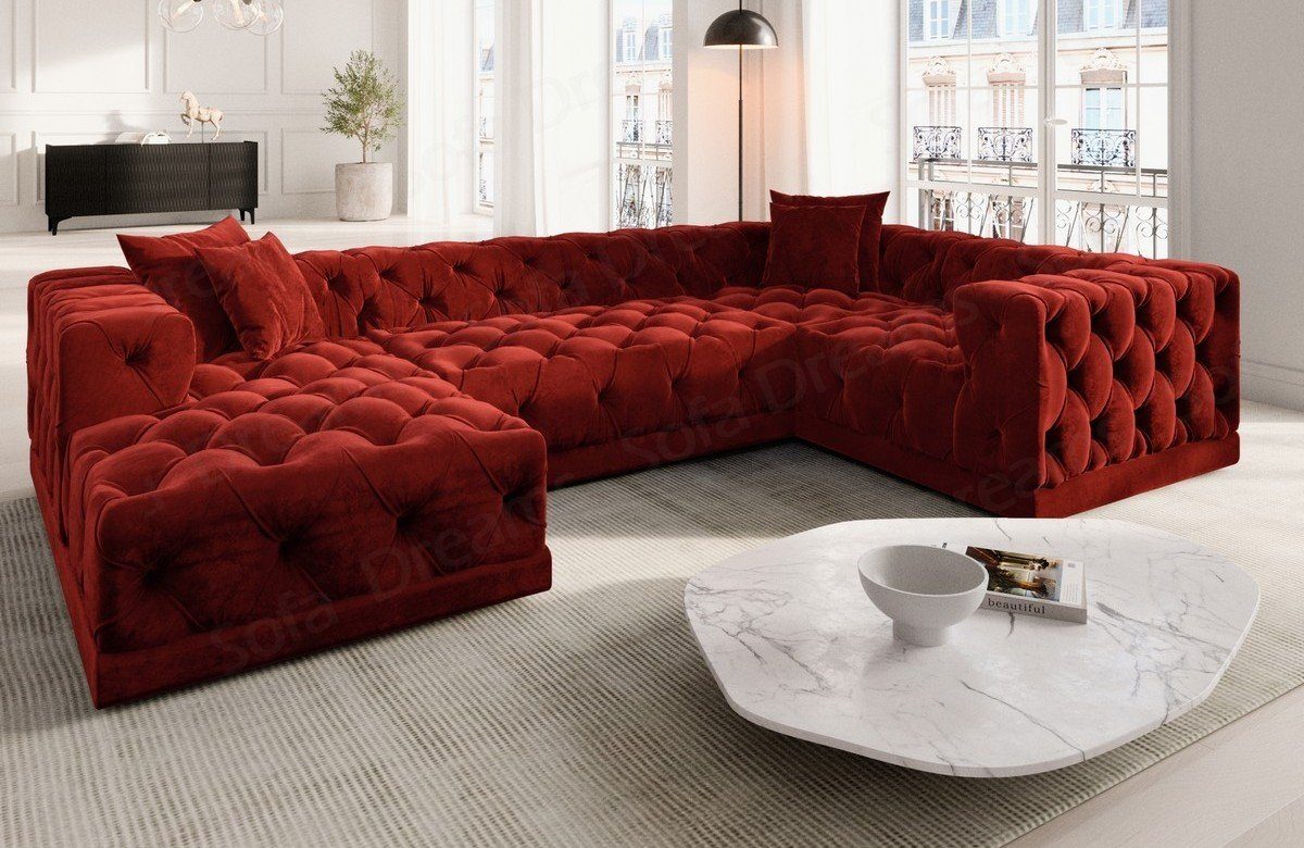 Sofa Dreams Wohnlandschaft Designer Stoff Sofa Palma U Form Samtstoff Stoffsofa, Loungesofa, Chesterfield Stil