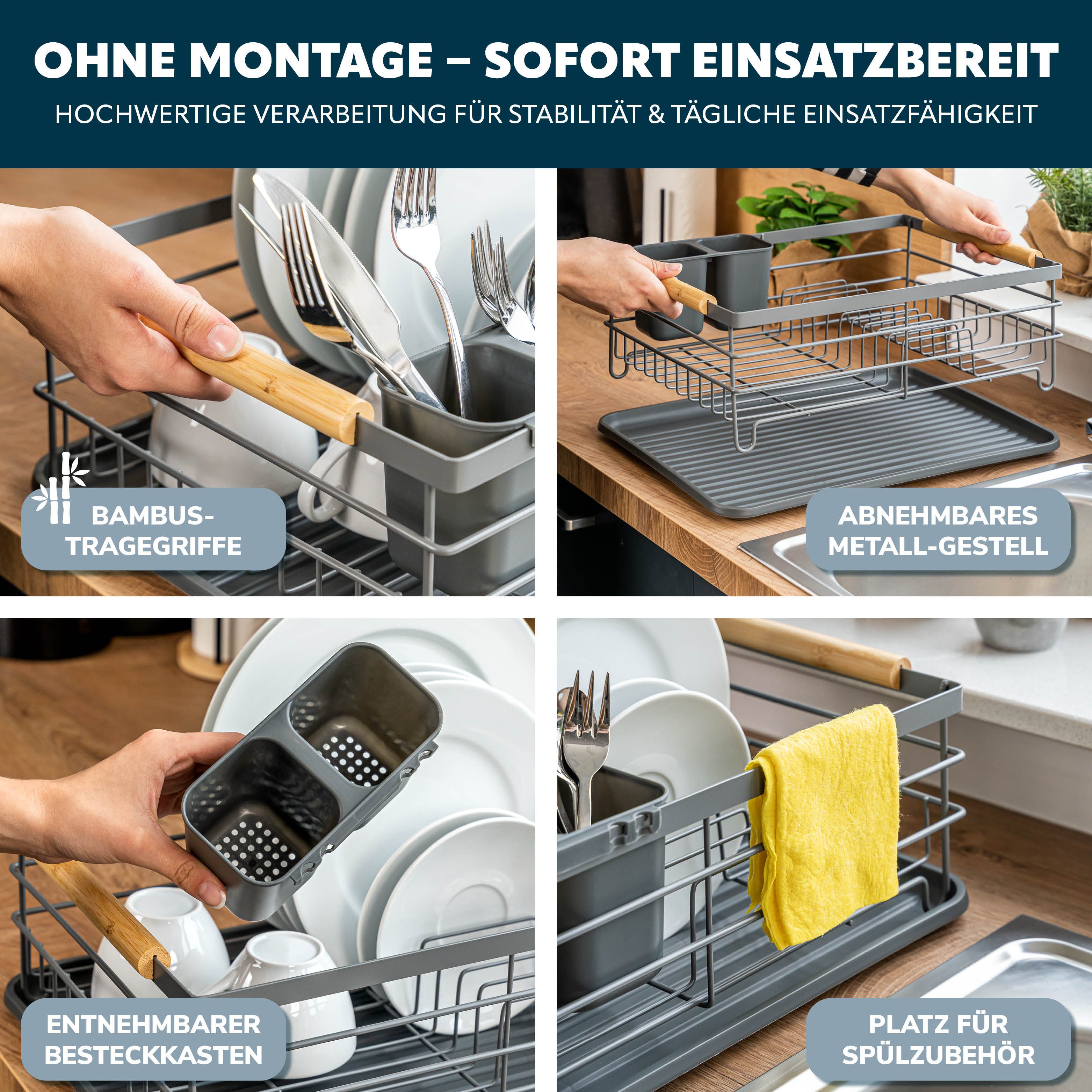 eluno Geschirrständer Metall-Abtropfgestell mit Abtropfschale für Geschirr mit Besteckhalter – Bild 4 von 5
