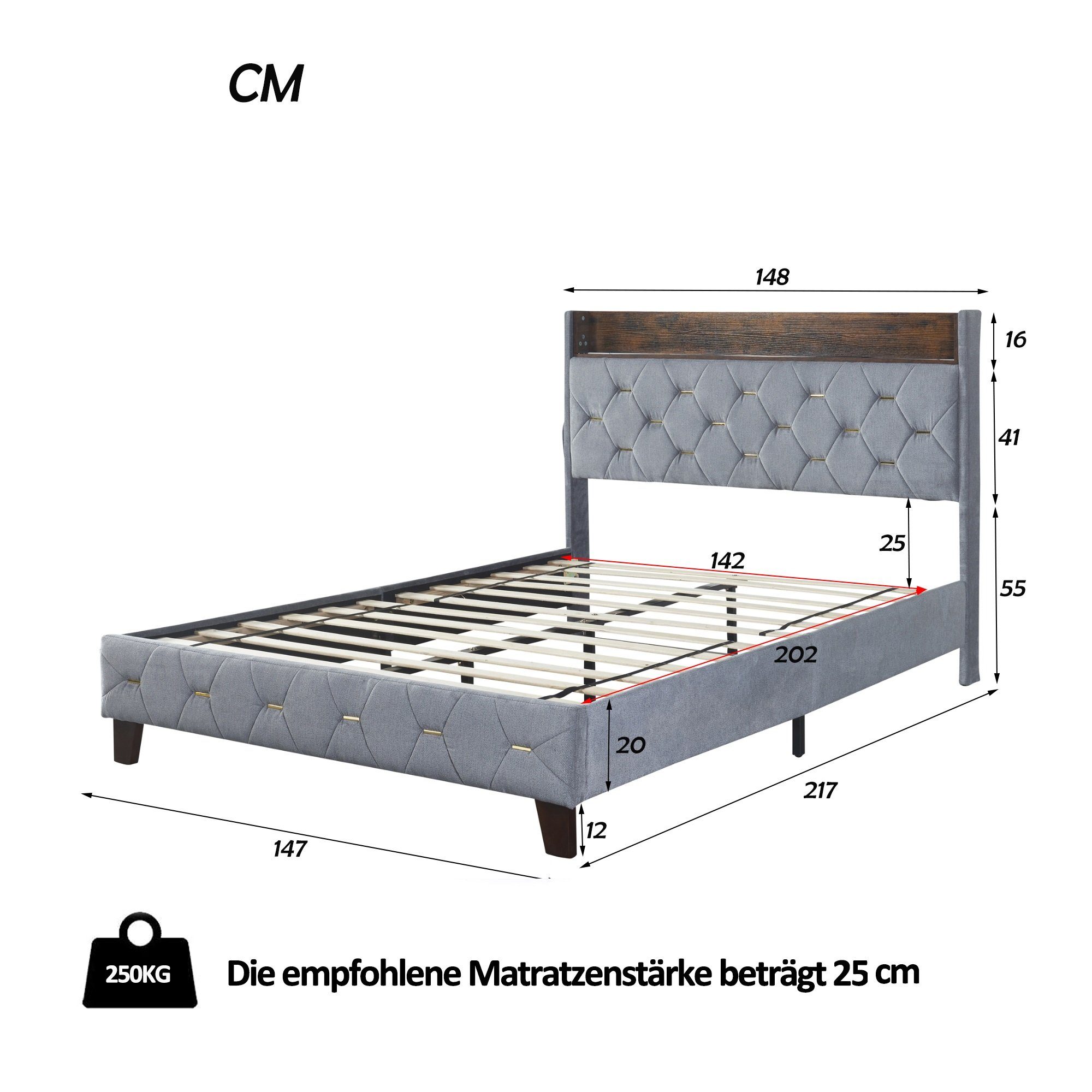 OKWISH Polsterbett Doppelbett Stauraumbett Funktionsbett ohne Matratze 200 USB-Anschluss), hautfreundlichem Kardamom-Samt Stauraum cm, mit am x Kopfteil 140 (Flachbett-Doppel-Gästebett Gästebett in