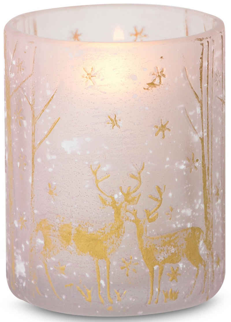RIFFELMACHER & WEINBERGER Windlicht mit Wald-Motiv, Weihnachtsdeko, Edle Strukturen im Glas, feiner Schimmer-Effekt, Kerzenleuchter