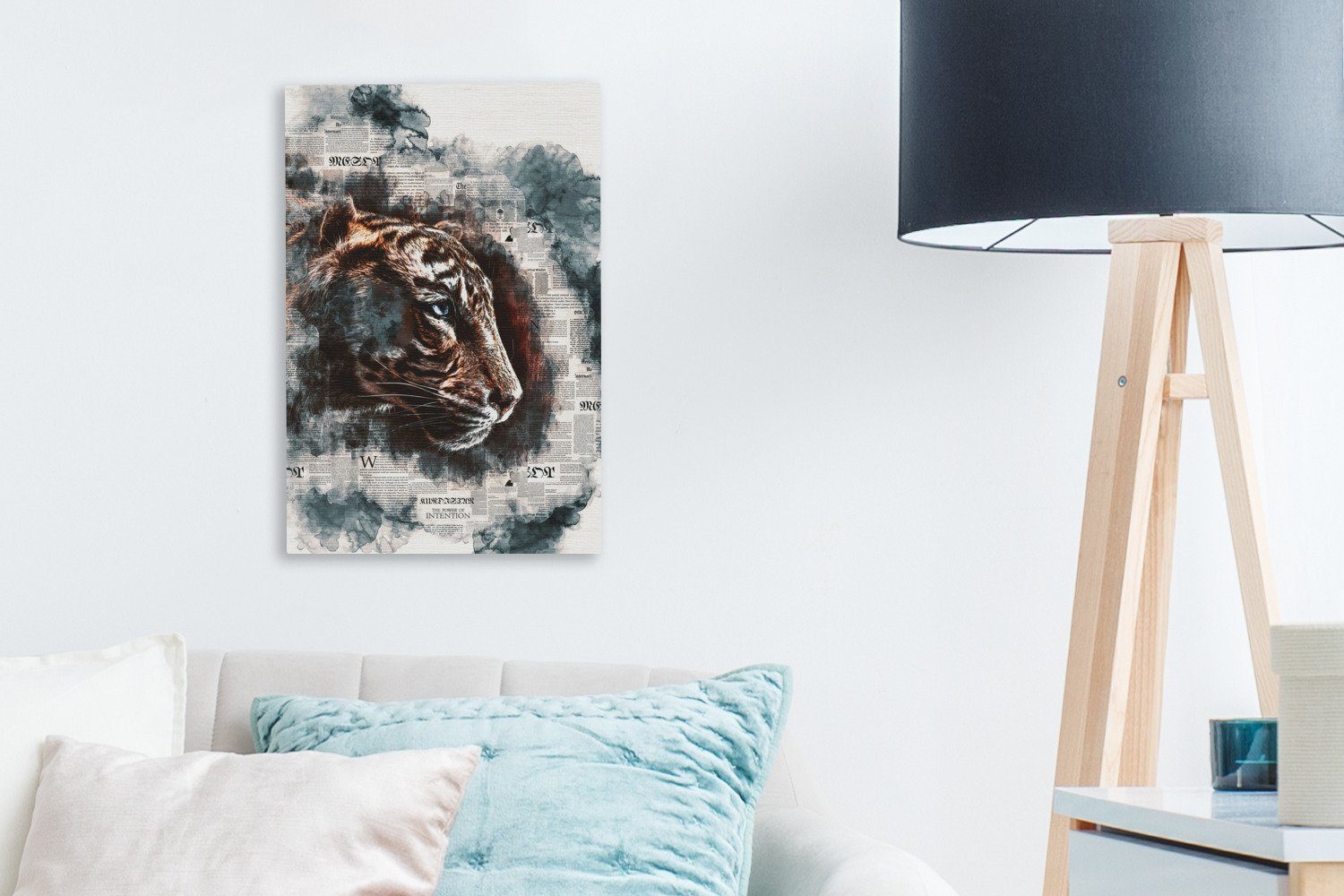 OneMillionCanvasses® Leinwandbild Tiger - Streifen, 20x30 St), inkl. Leinwandbild Zeitungen (1 Zackenaufhänger, fertig bespannt cm Gemälde, 