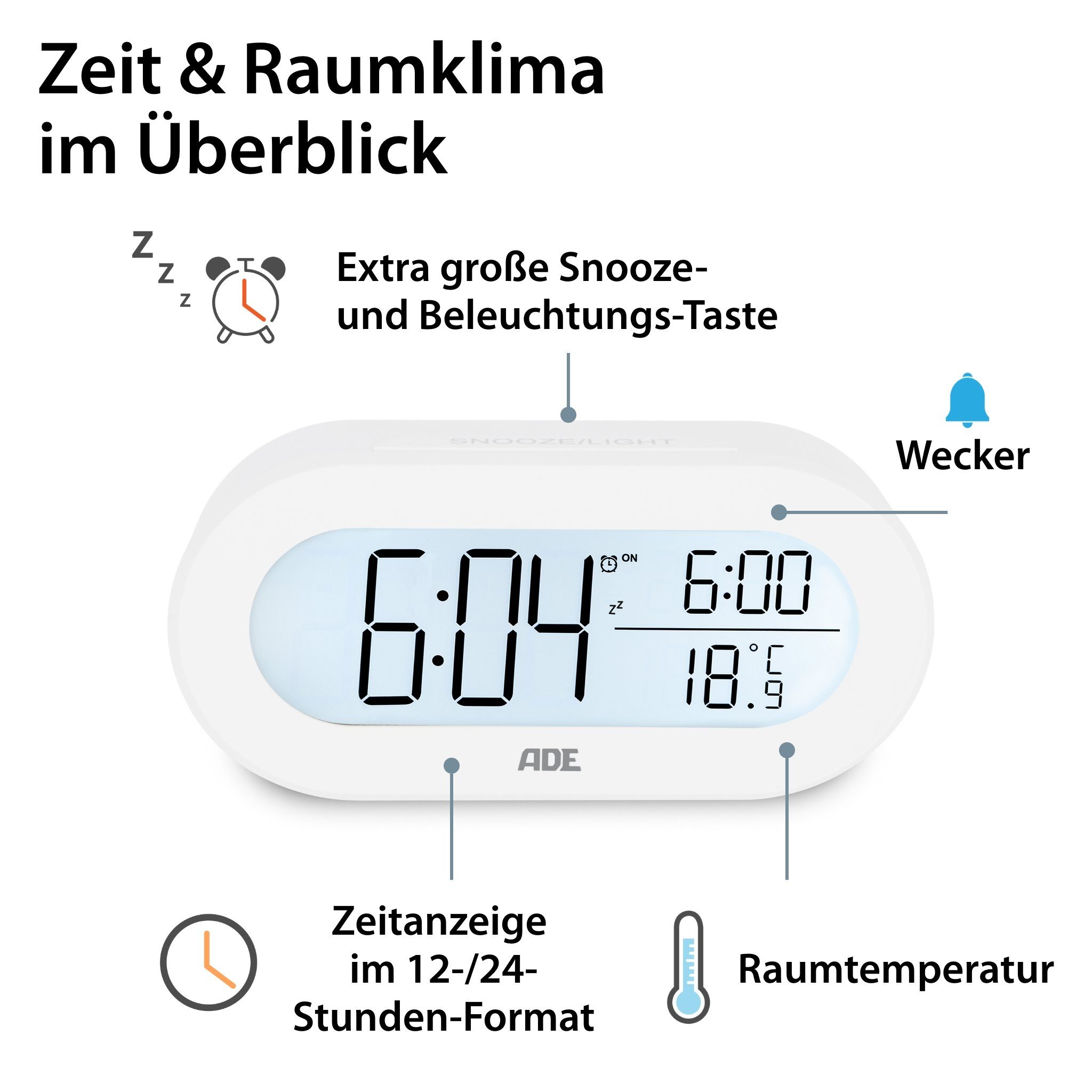 ADE Wecker digital mit Temperaturanzeige Schlummerfunktion, LCD-Display mit günstig online kaufen
