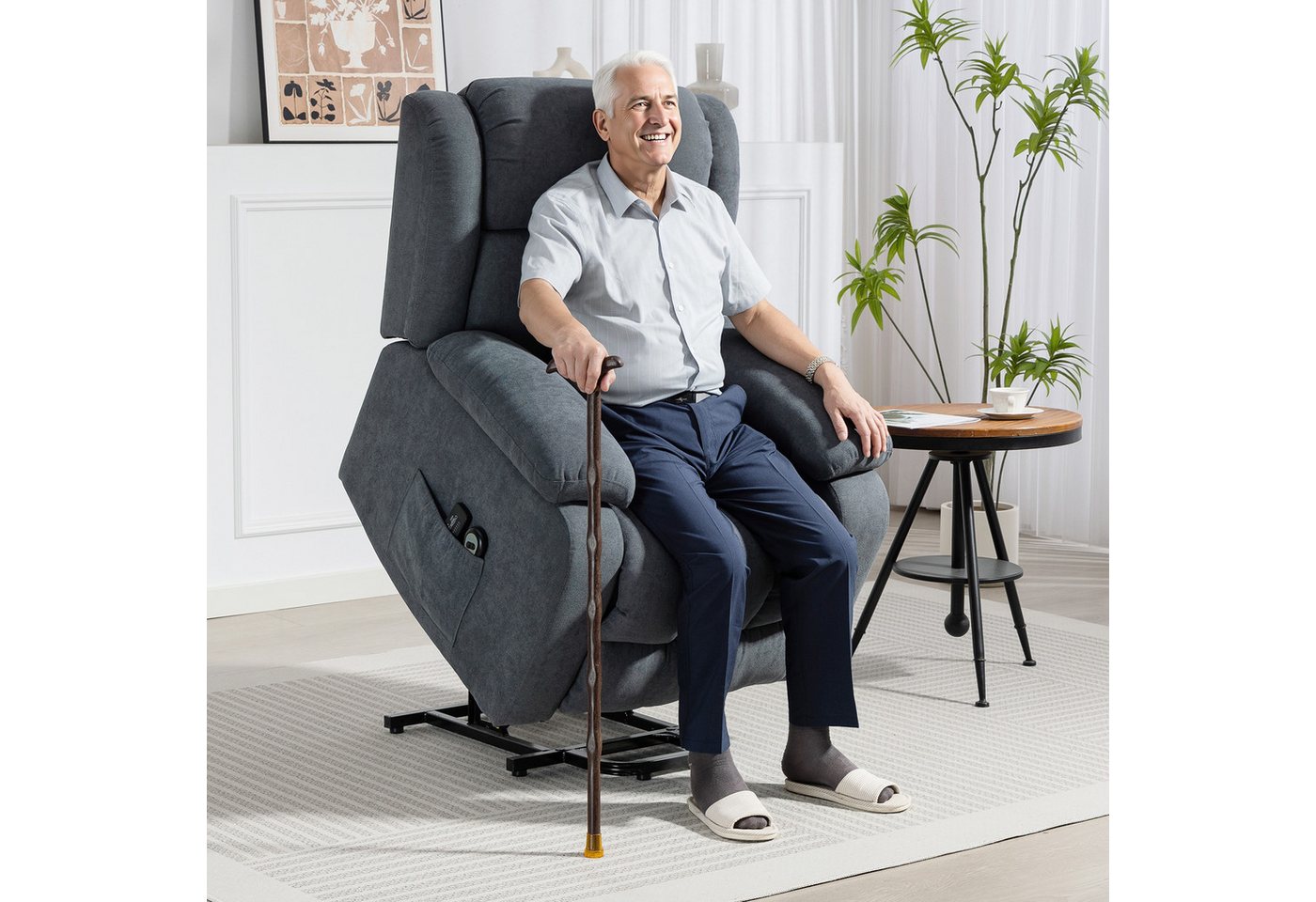 HOMCOM Relaxsessel Massagesessel TV-Sessel mit Liegefunktion, Massagefunktion (Fernsehsessel mit Aufstehhilfe, 1-St., Elektrisch Relaxsessel), mit Fernbedienung, Seitentasche, Fußteil, Leinenoptik, Dunkelgrau