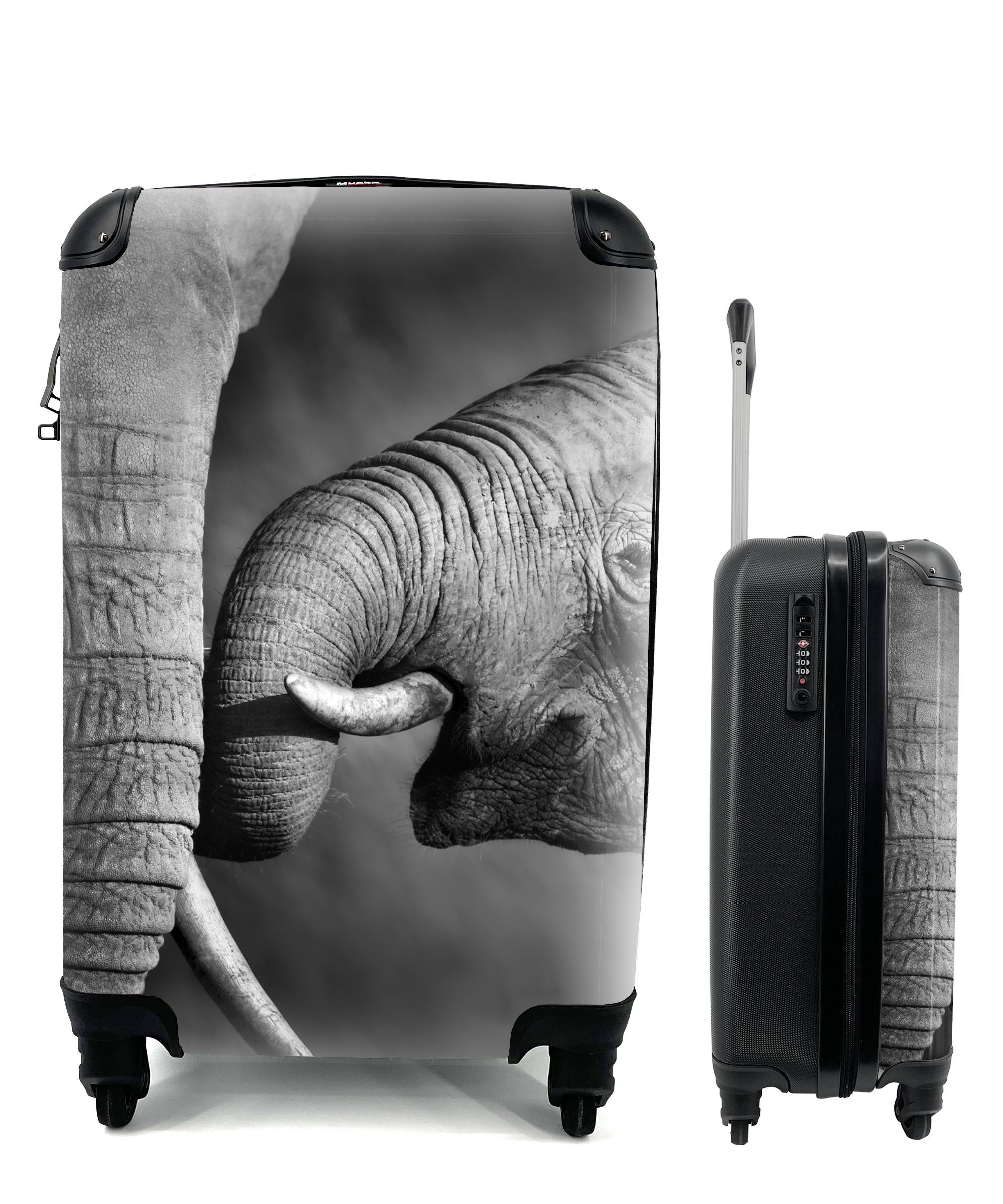 MuchoWow Handgepäckkoffer Wildtiere - Elefant - Schwarz - Weiß - Porträt, 4 Rollen, Reisetasche mit rollen, Handgepäck für Ferien, Trolley, Reisekoffer