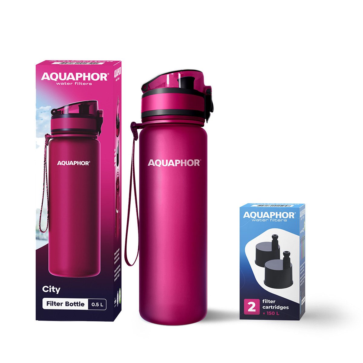 AQUAPHOR Trinkflasche Set City Wasserfilterflasche 500ml., Farbe cherry, inkl. Pack 2 Фильтрыpatronen CITY/ Aktivkohle Фильтры