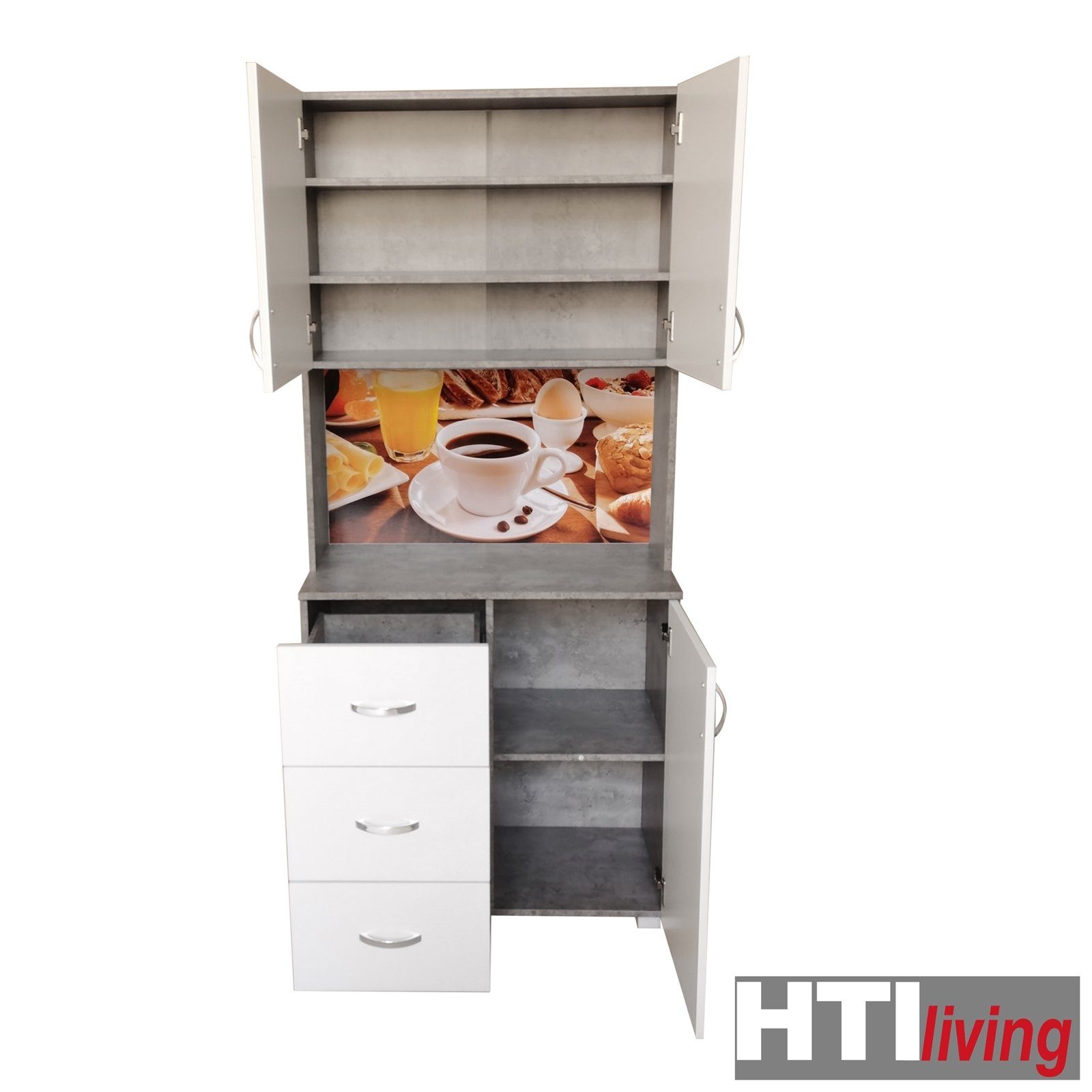 Blanca (1-St) Weiß 3 Bistro Küchenbuffet Hochschrank Schubladen Beton Hochschrank Küchenschrank HTI-Living