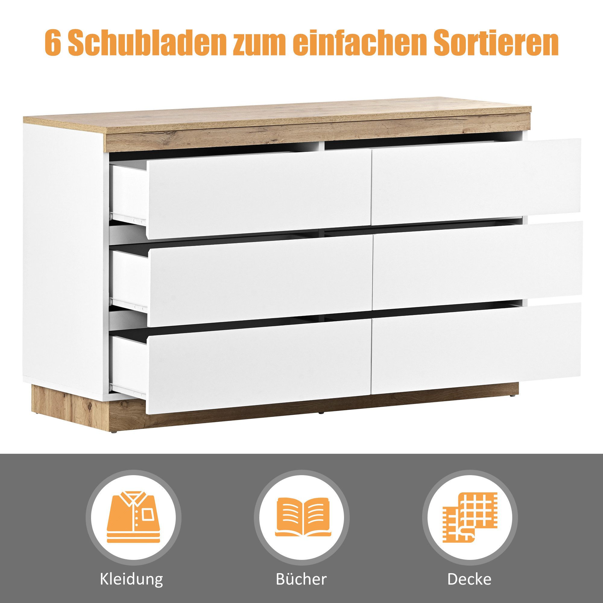 BlingBin Kommode mit 6 Schubladen, Schließfach, Funktion von Aufbewahrung (1er Set, 1 St., Kommode 110cm breit), für Schlafzimmer und Wohnzimmer, E1-Spanplatte, weiß+oak