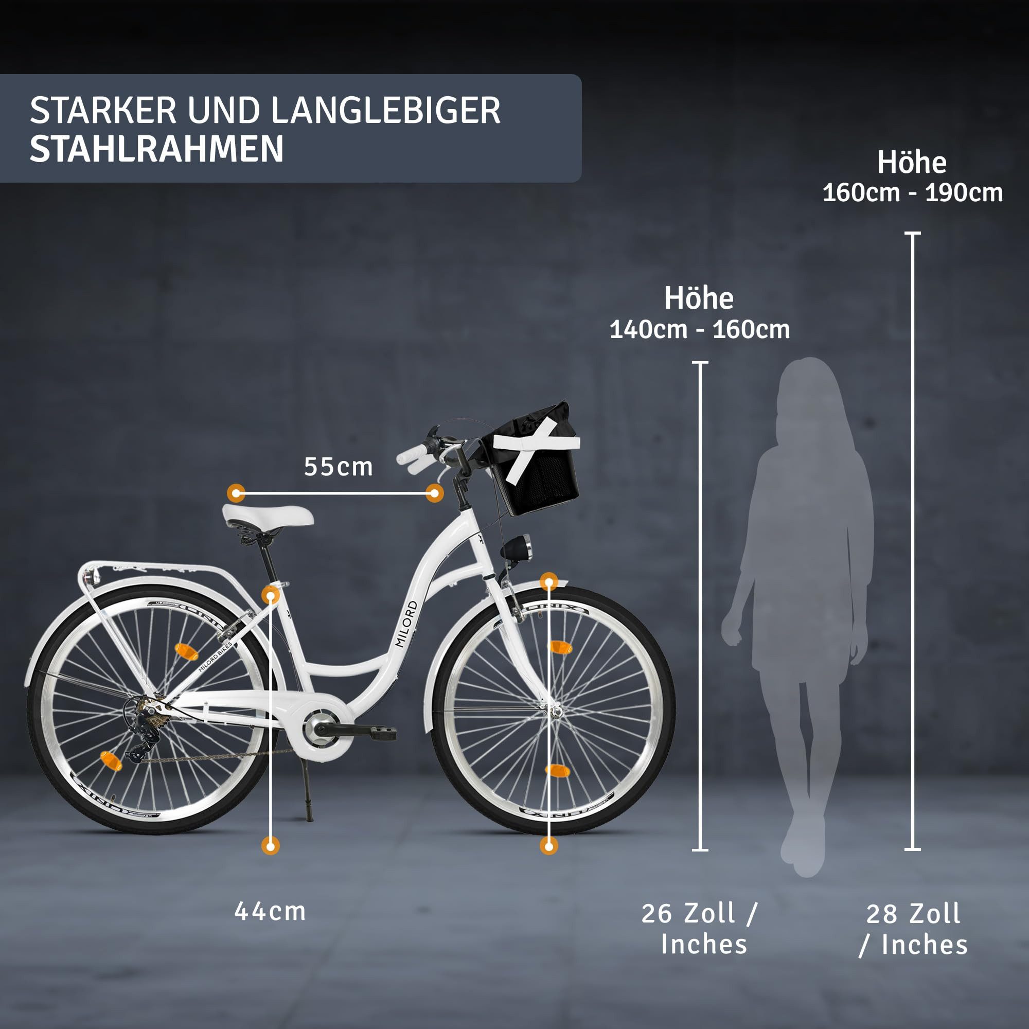 Milord Cityrad Milord City Fahrrad Korb Damenfahrrad, 28/26 Zoll, Weiß, 7-Gang, 7 Gang, (Fahrradständer, Gepäckträger, Klingel, Korb, Kotflügel)