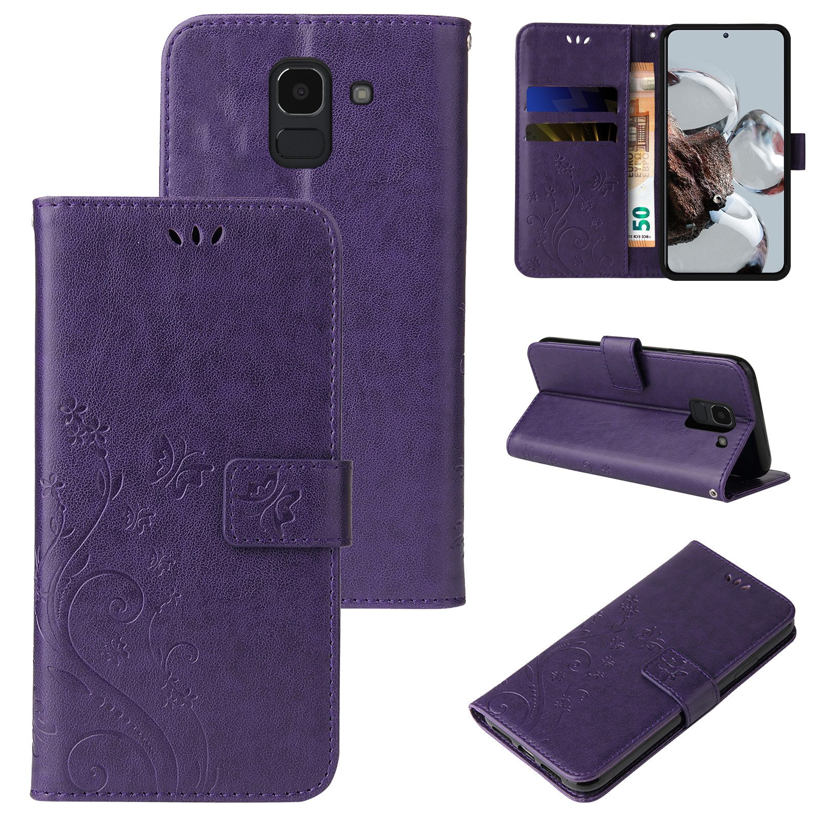 Tec-Expert Handyhülle Cover Tasche Hülle für Samsung Galaxy J6 5,6 Zoll, Klapphülle Case mit Kartenfach Fliphülle aufstellbar, Motiv Blumen