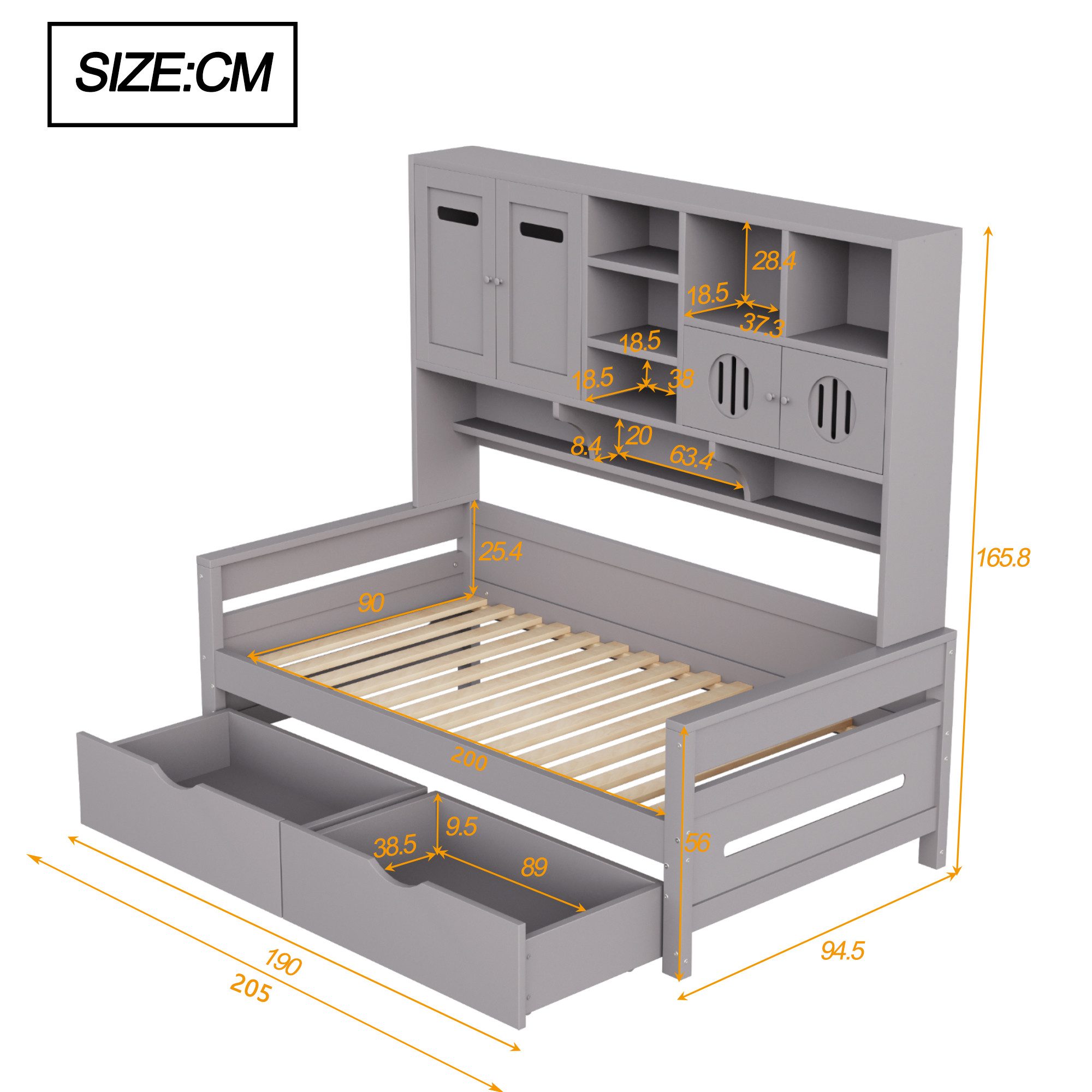 Flieks Massivholzbett, Einzelbett Kinderbett 90x200cm mit Staufächer und 2 Schubladen – Bild 4 von 5