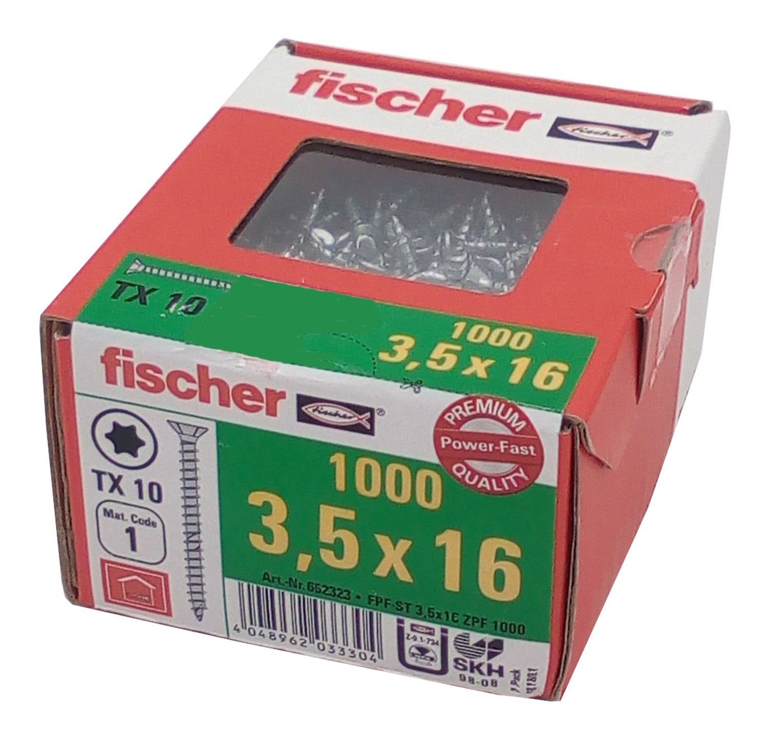 Fischer Befestigungstechnik Schraube 1000x fischer Spanplattenschraube 3,5x16 TX10 Holzschrauben verzinkt V, (1000 St)