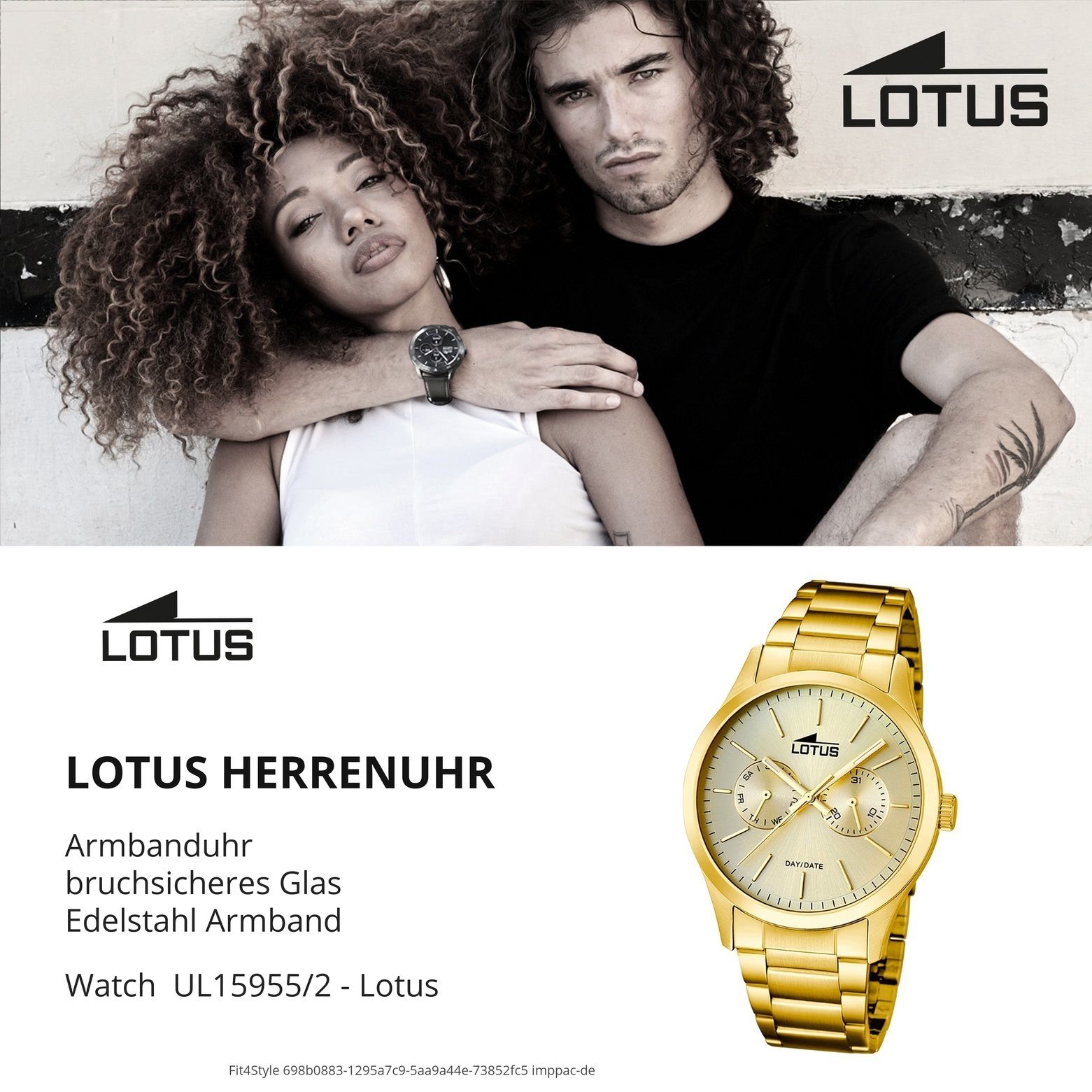 PVDarmband Quarzuhr gold Elegant Herren Lotus Uhr rund, Armbanduhr Lotus L15955/2, Edelstahl, Herren