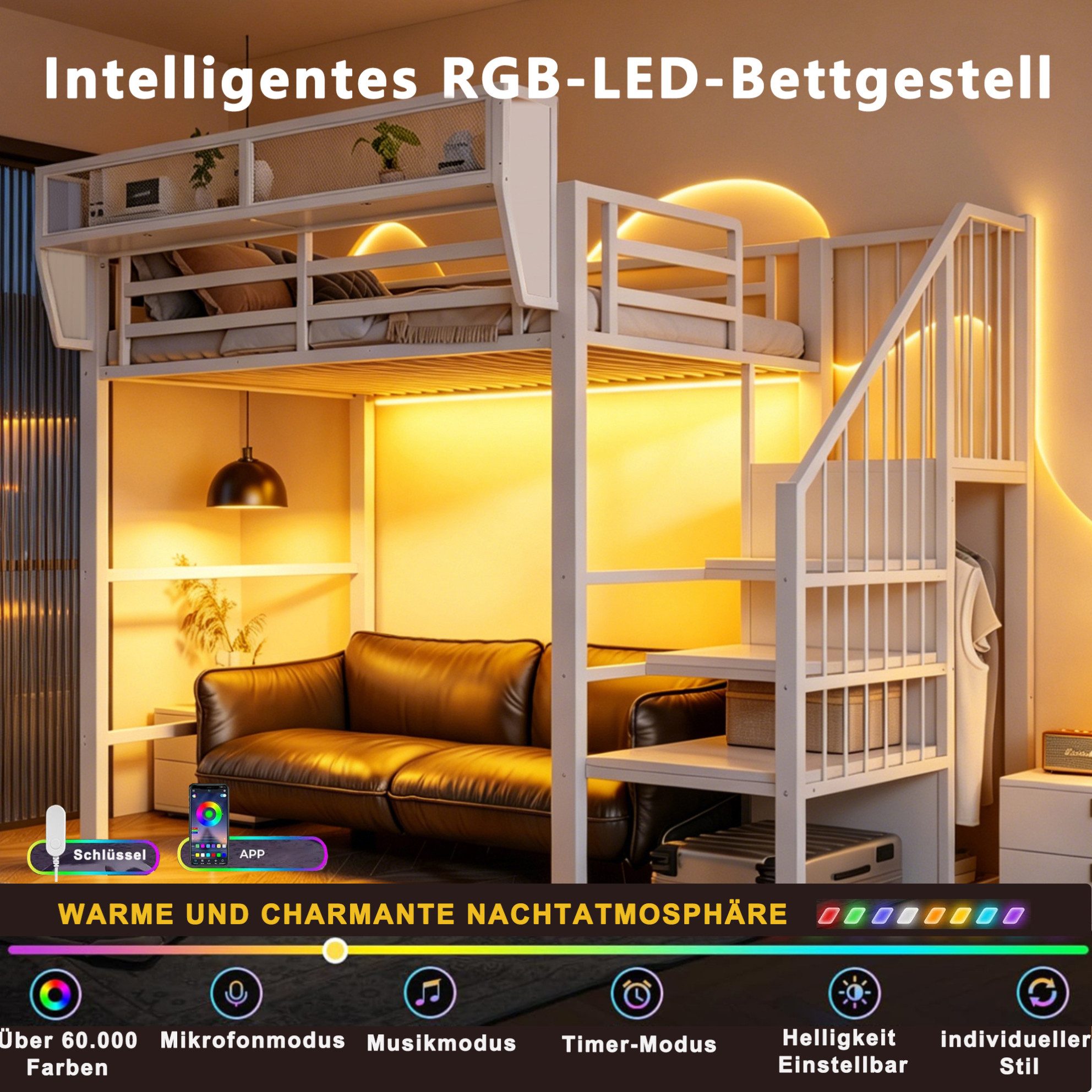 MODFU Hochbett mit variablem Staufach und Sicherheitsleiter, Metallbett (Kinderbett 90x200 cm für Kinderzimmer, Studentenwohnheim und kleine Räume, Jugendbett) ohne Matratze