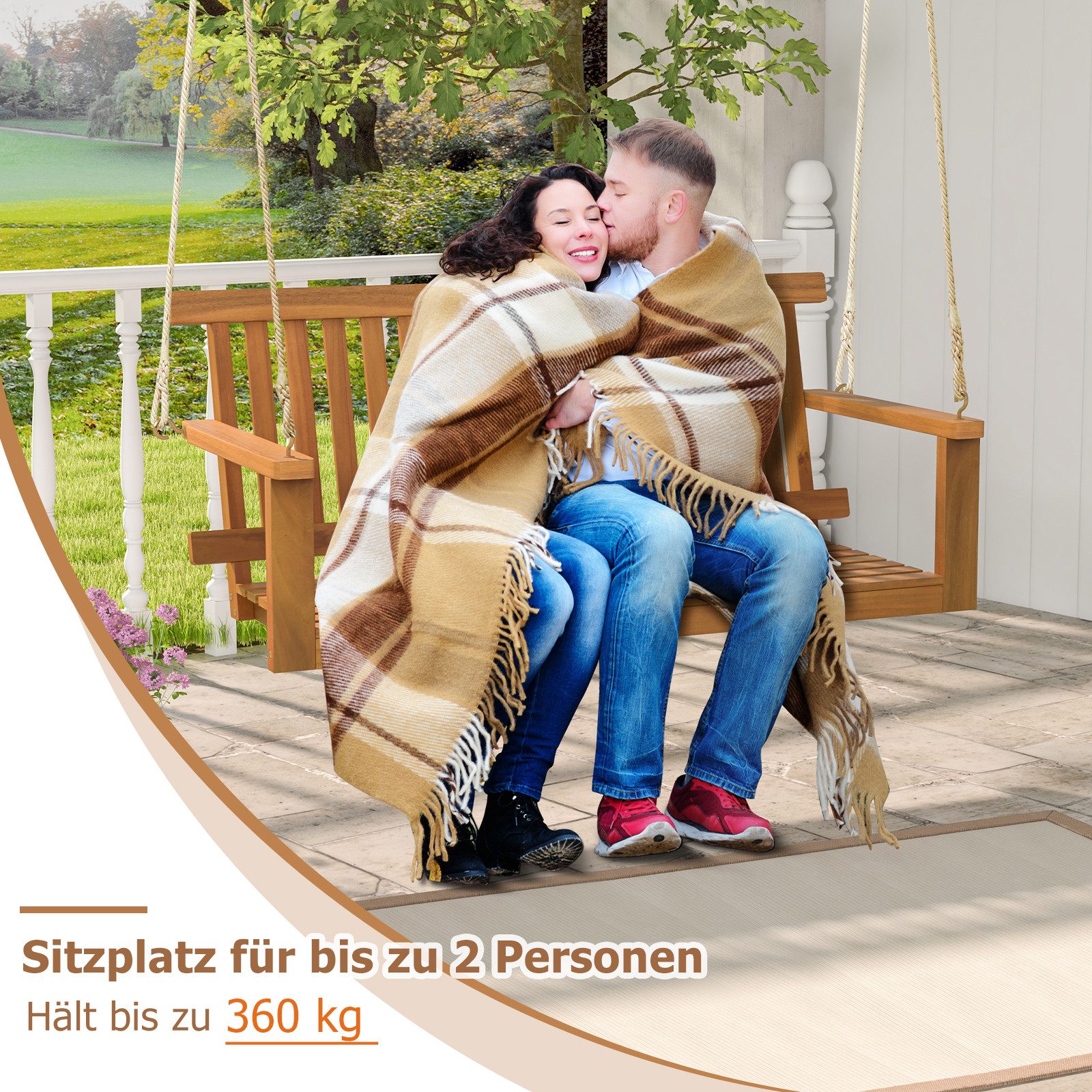 KOMFOTTEU Doppelschaukel, Hängebank aus Akazienholz bis 360kg belastbar