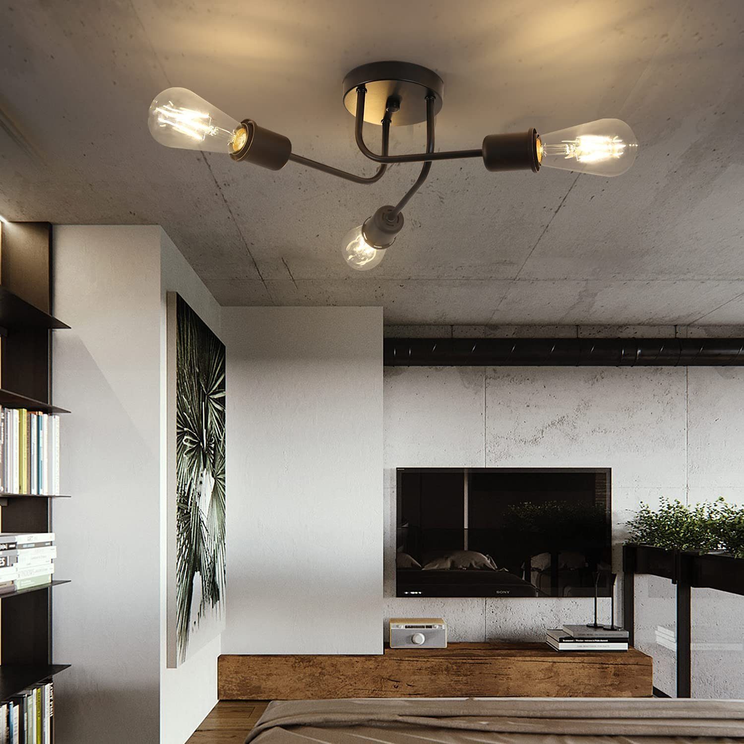 Zmh Lampada Da Soffitto 6 Luci E27 Stile Industriale Retrò Nero Metallo Rustico Per Camera Da Letto Ristorante