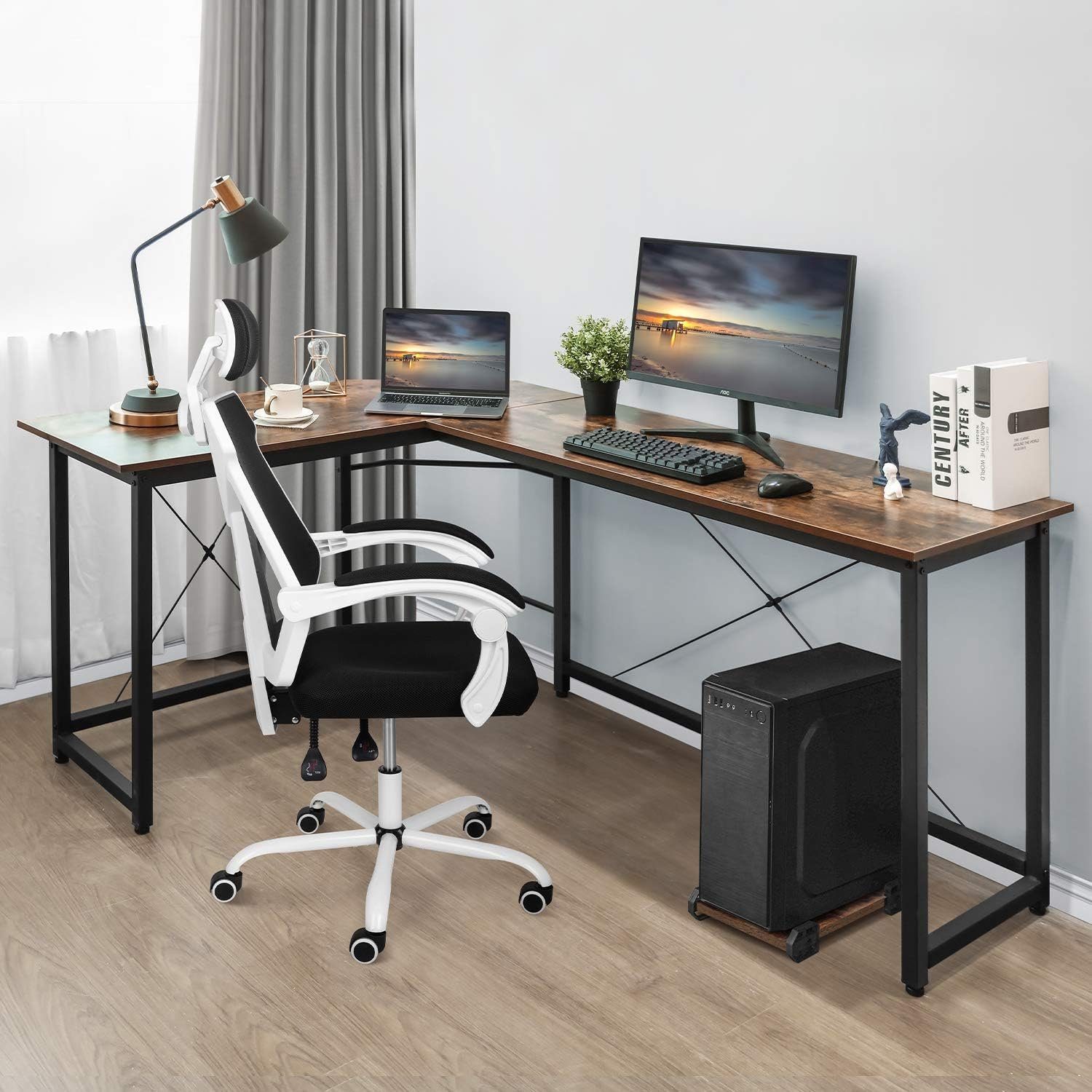 TLGREEN Eckschreibtisch L-förmiger 167 Büro, Eckschreibtisch mit Aufbewahrungstasche, Schreibtisch 167cm,Computertisch für 120cm Braun cm Breite