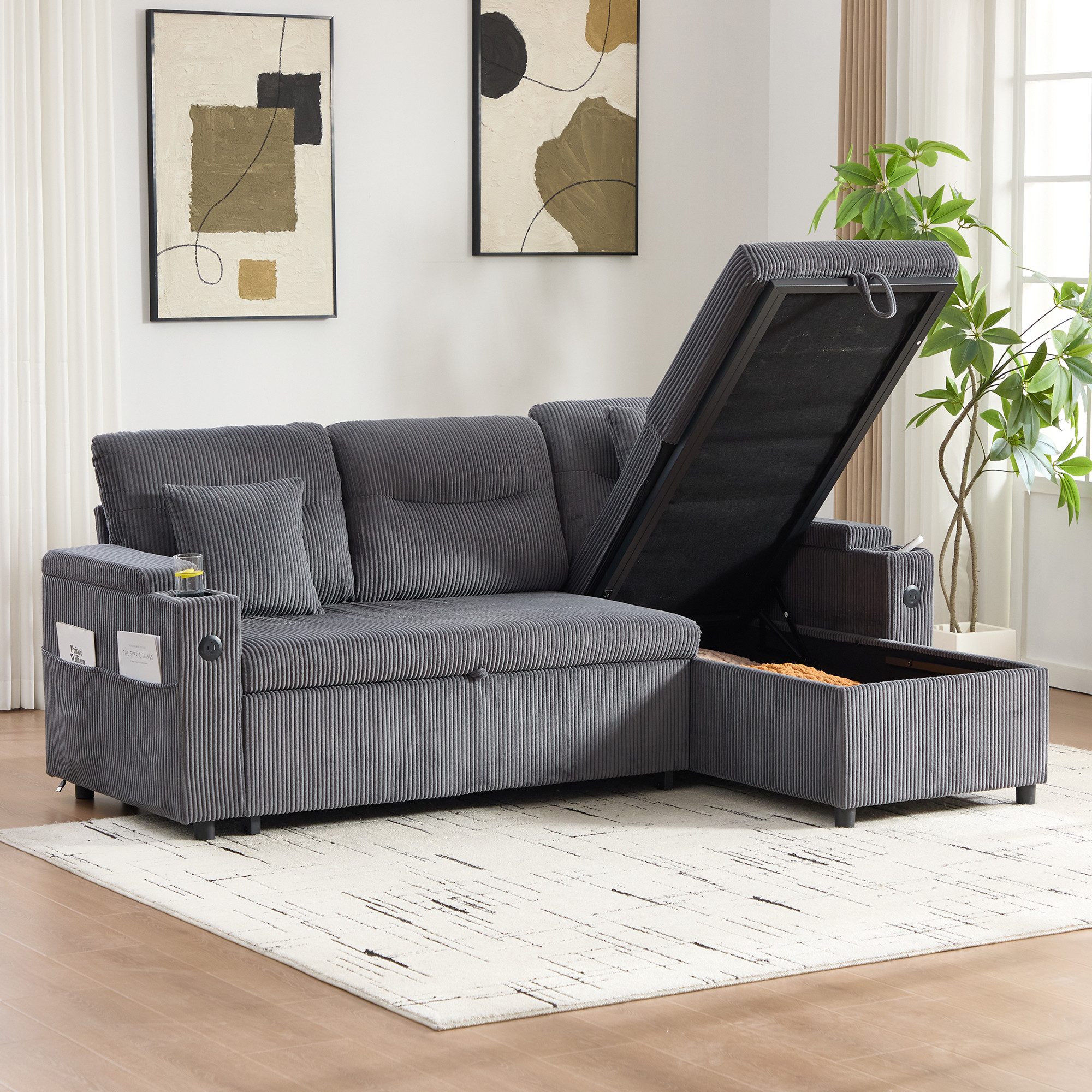 HAUSS SPOLE Sofa mit Stauraum,Relaxsofa Polstersessel mit Getränkehaltern,ausziehbar, Cordsofa mit Stauraum, Getränkehaltern und USB-C, hydraulische Chaiselongue und Schubladenbett