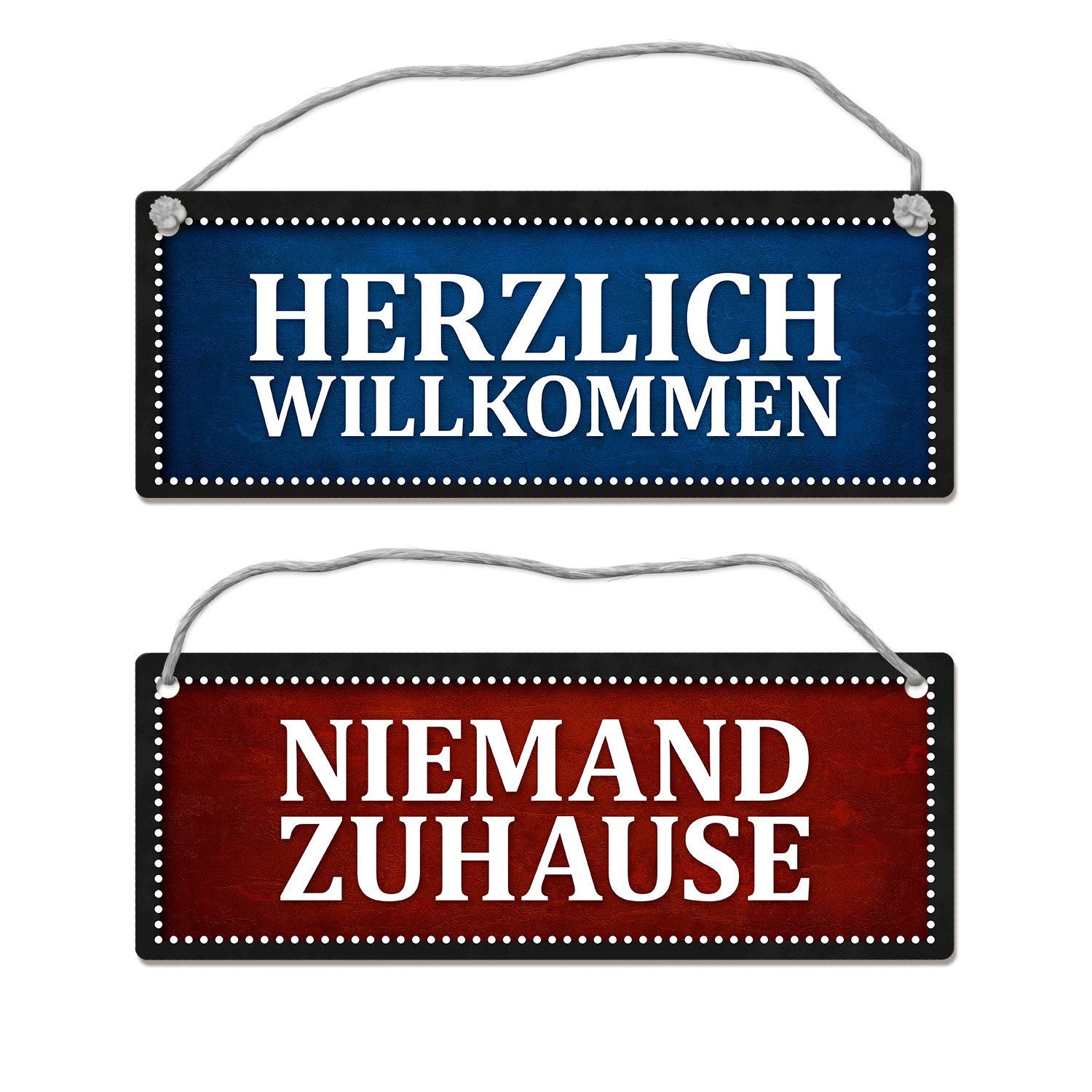 Metallschild Niemand Zuhause oder Willkommen Wendeschild mit Kordel in Rot und