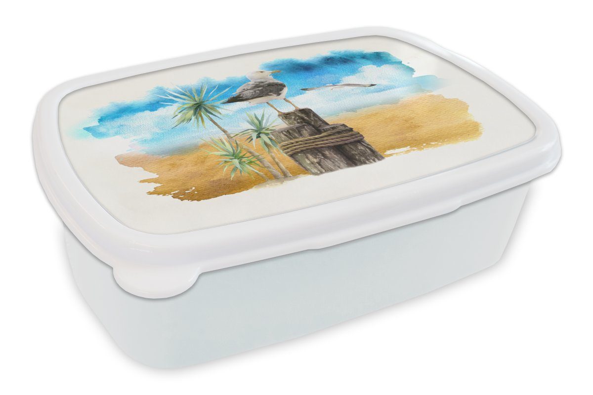 MuchoWow Lunchbox Vogel - Stange - Strand, Kunststoff, (2-tlg), Brotbox für Kinder und Erwachsene, Brotdose, für Jungs und Mädchen weiß