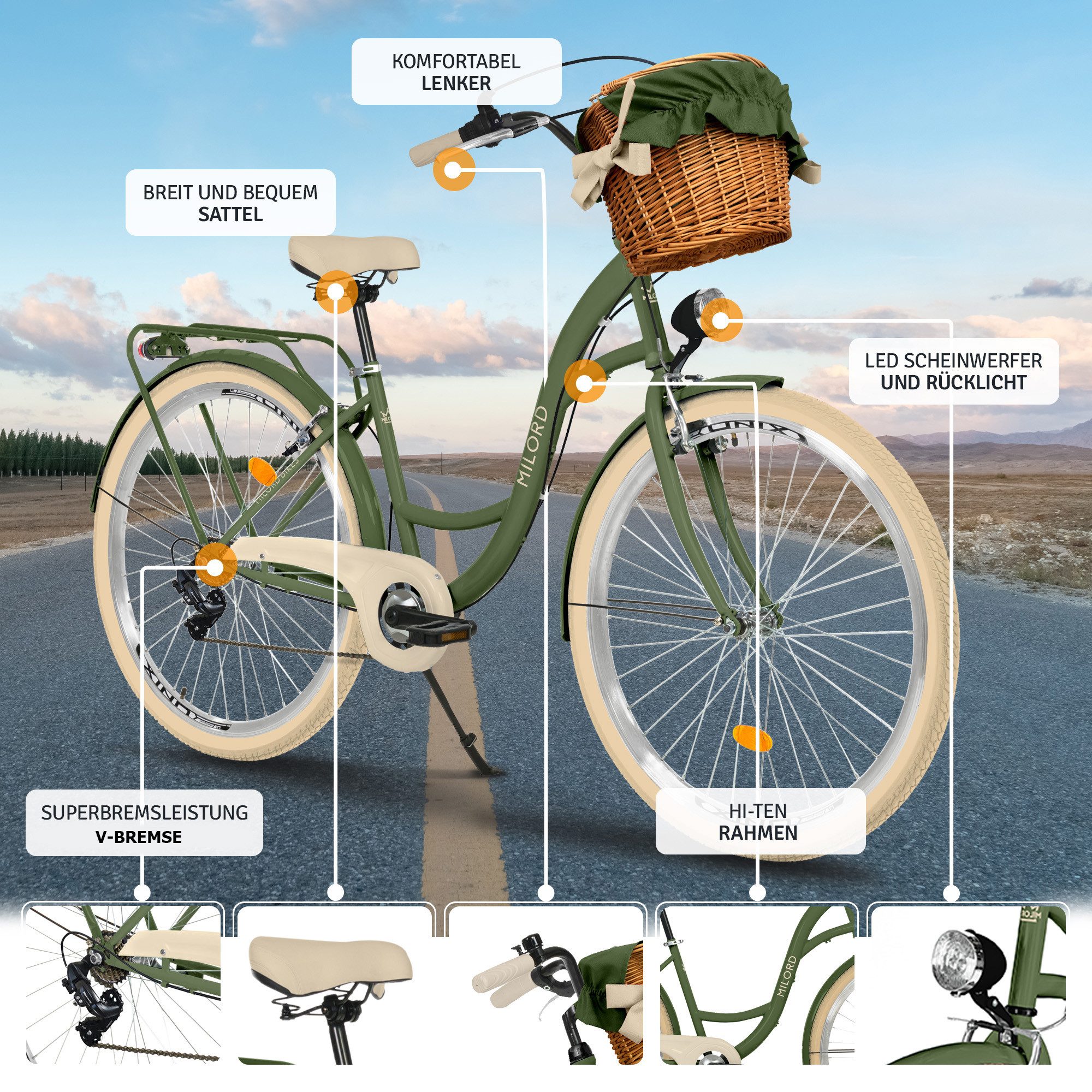 Milord Cityrad Milord City Fahrrad Weidenkorb Damen, 28/26 Zoll, Grün-Creme, 7-Gang, 7 Gang, (Fahrradständer, Gepäckträger, Klingel, Korb, Kotflügel)