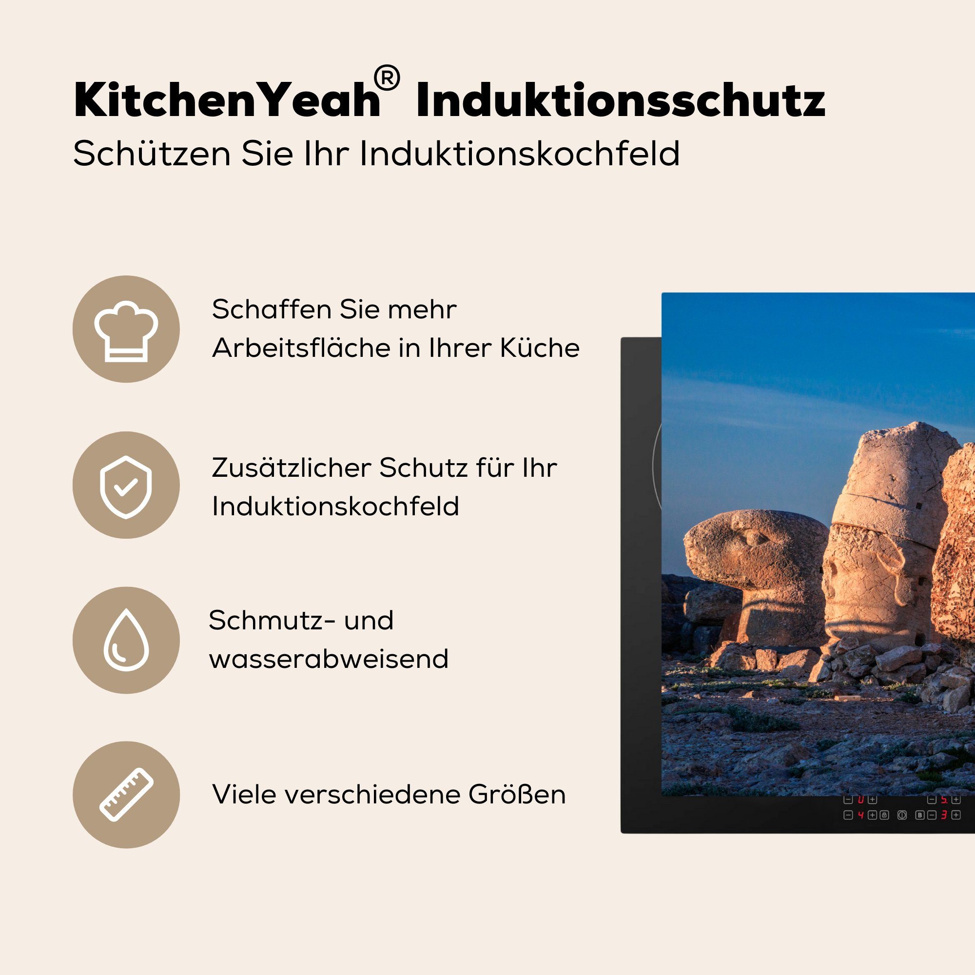 MuchoWow den tlg), (1 81x52 der für Türkei, auf küche, Dağı Nemrut Statuen cm, Vinyl, die in Herdblende-/Abdeckplatte Induktionskochfeld Sonnenlicht Schutz von Ceranfeldabdeckung