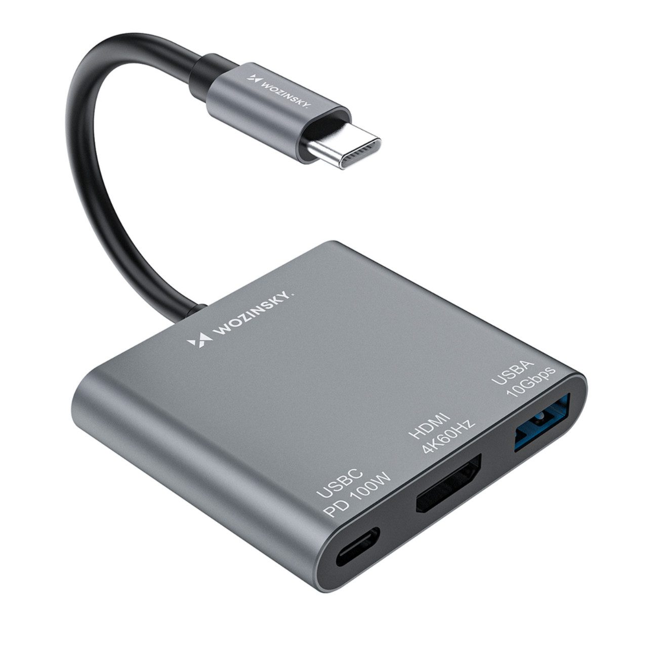 Wozinsky WHCH-01 USB-Adapter USB-C Stecker zu USB-C Buchse, HDMI Buchse, USB-A Buchse, 3-in-1 USB-C Hub mit 100 W PD und 4K HDMI