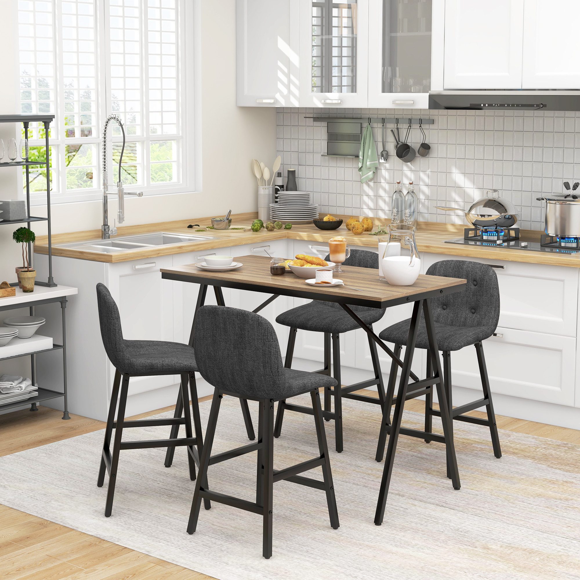 HOMCOM Bargruppe Bartisch mit Barhocker-Set Esstisch mit 4 Stühlen mit Rückenlehne, (Bartisch-Set, 5-tlg., 5-teiliges Bartisch-Set), Dunkelgrau+Schwarz