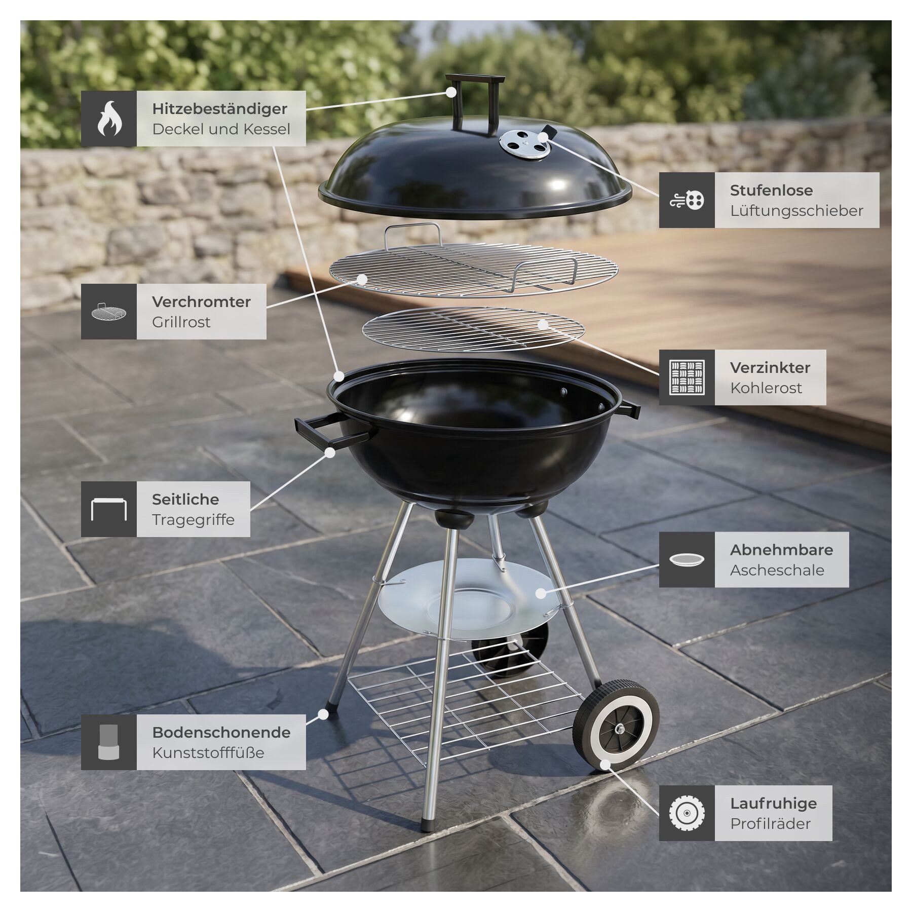 tectake Holzkohlegrill Kugelgrill - großer verchromter Rost & abnehmbare Ascheschale, Grillwagen, in schwarz/silber, leichtgängige Räder und regulierbare Luftzu – Bild 4 von 5
