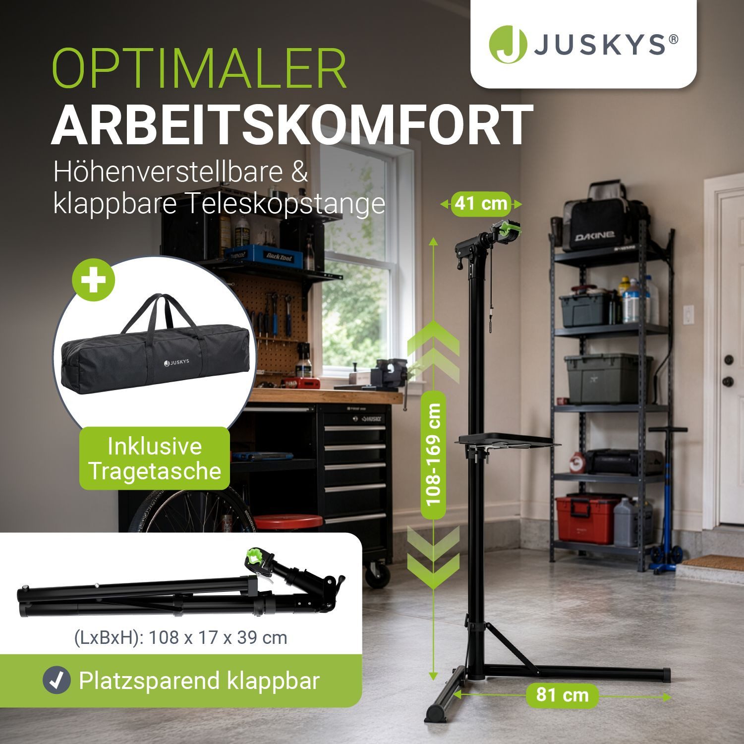 Juskys Fahrrad-Montageständer, bis 50 kg, E-Bike geeignet, klappbar, höhenverstellbar, 360° drehbar – Bild 4 von 5