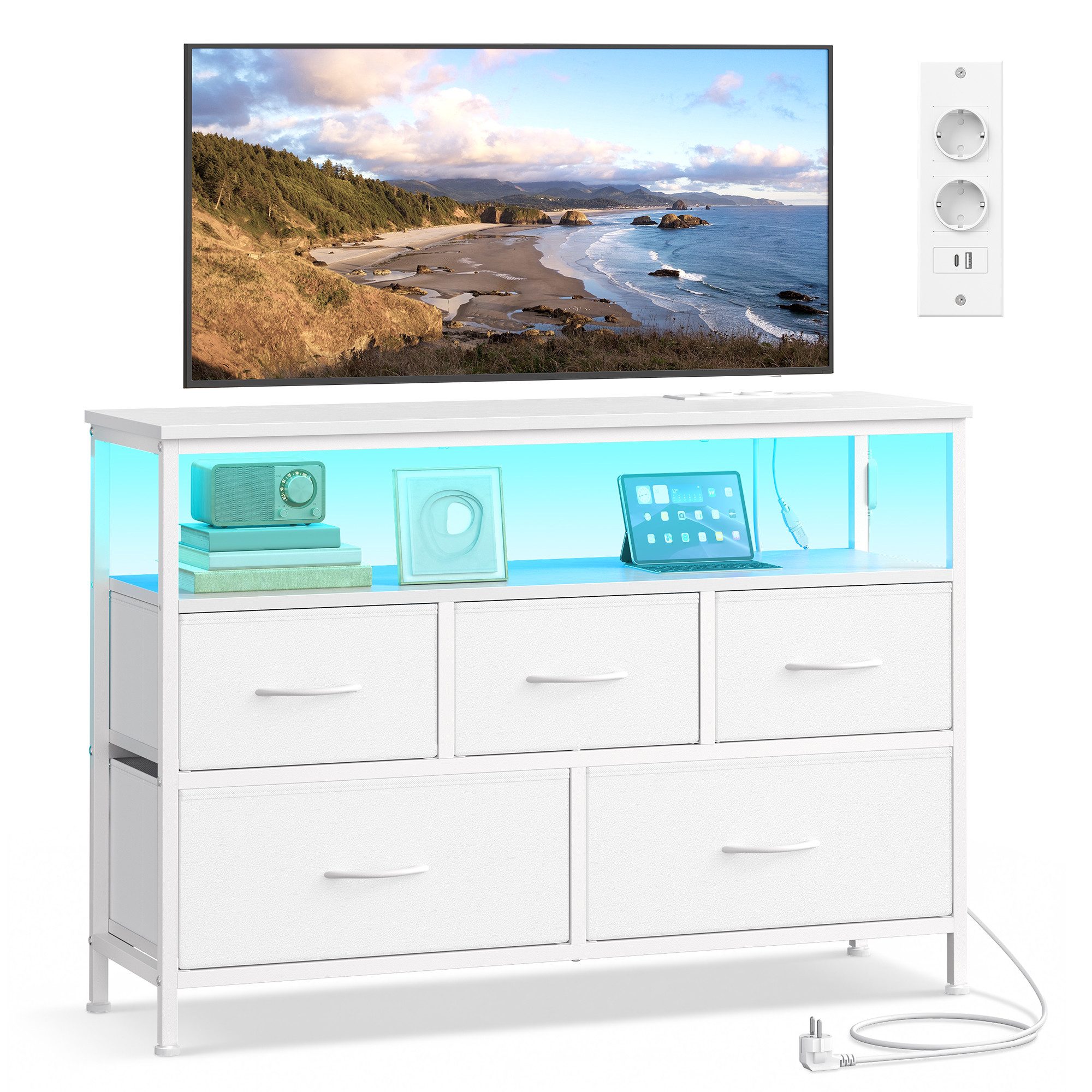 SONGMICS Kommode Schrank, App-gesteuerte LED-Beleuchtung, Sideboard mit Ladestation, 1 Ablage, 5 Schubladen, modern