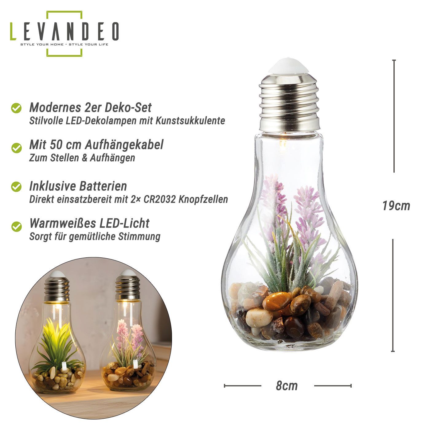 Levandeo® LED Dekoobjekt, 2er Set Sukkulenten Glühbirne Glas je B x H 8 x 19cm Deko LED Lampe. € 19,99