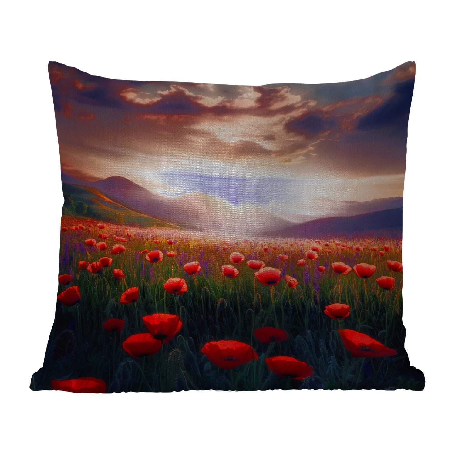 MuchoWow Dekokissen Landschaft - Sonnenuntergang - Blumenfeld, Kissenbezüge, Kissenhülle, Kissen, Outdoor, 40x40 cm