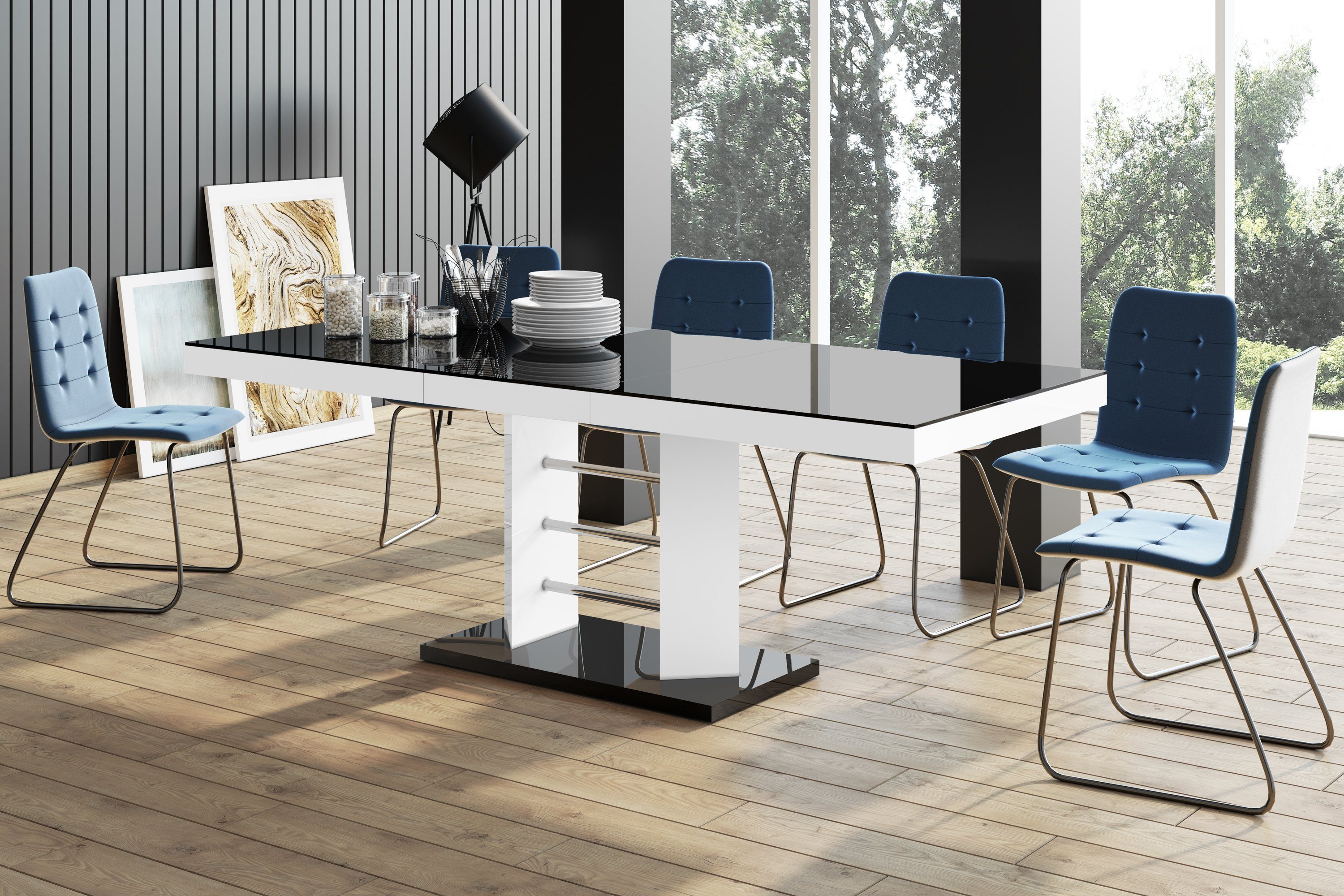 designimpex Esstisch Design Tisch HEL-111 Schwarz / Weiß Hochglanz  ausziehbar 160 bis 256cm