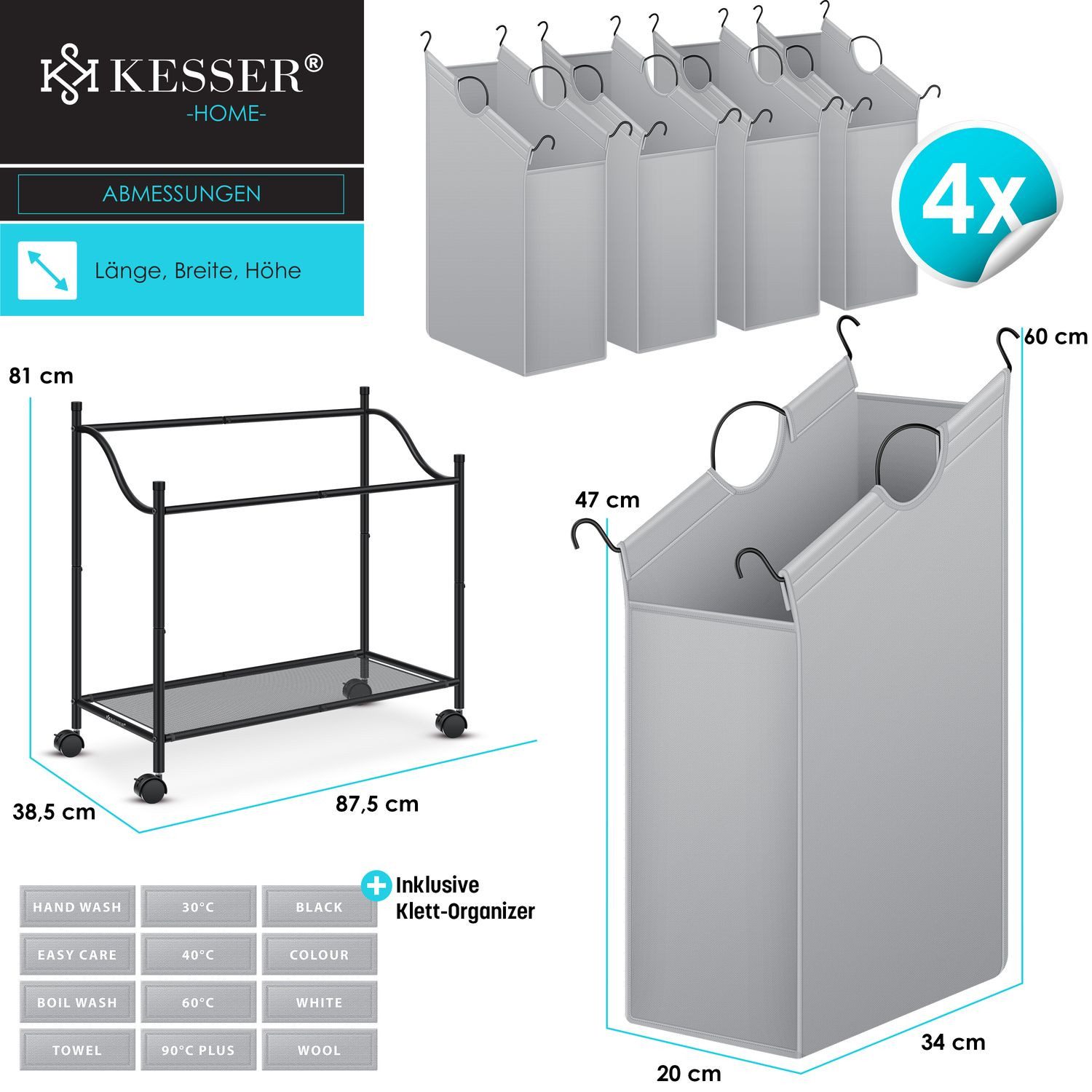 KESSER Wäschekorb, Wäschesammler Wäschesortierer mit abnehmbaren Stofftaschen