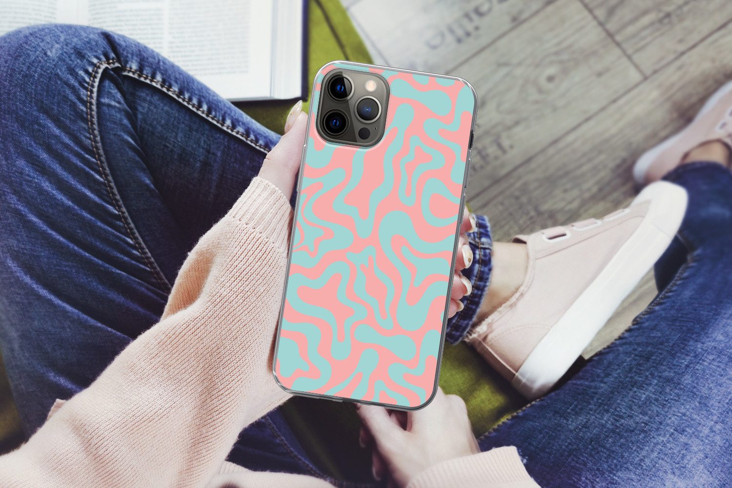 MuchoWow Handyhülle für Apple iPhone 13 Pro Abstrakt - Muster - Blau - Rosa - Farbenfroh, Smartphone-Bumper, Print, Handy Schutzhülle Dünn