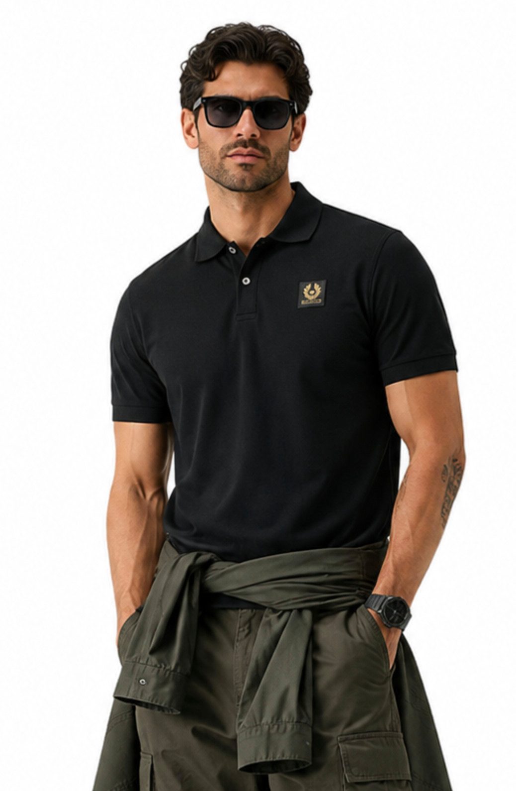Belstaff Poloshirt Herren Retro Patch Regular Comfort Fit Baumwollpiqué Gestickter Phönix-Aufnäher, Rippkragen und bündchen