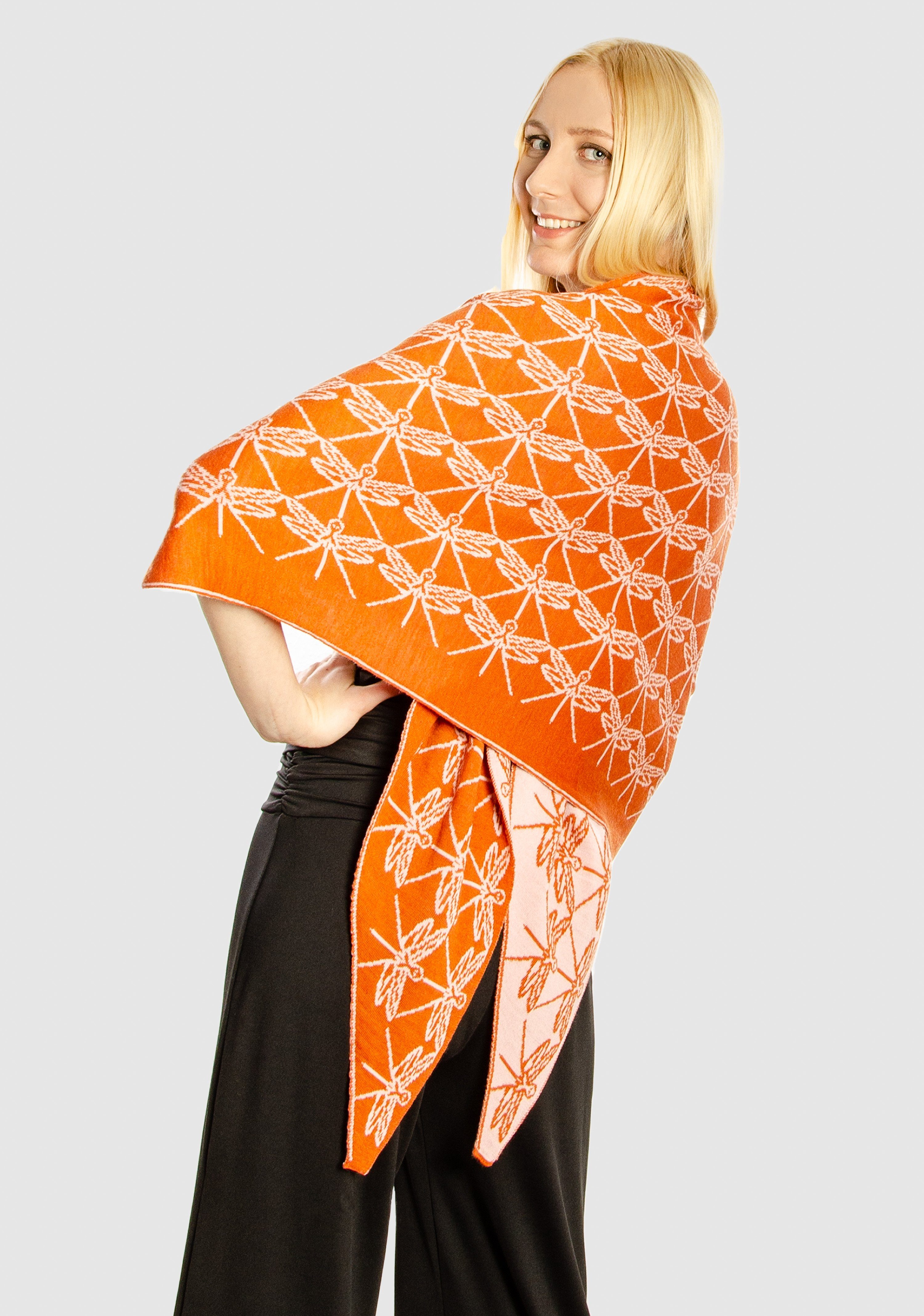 orange_rosa zweifarbig fashion slow Schultertuch Merino 100% Libelle Modetuch LANARTO extrasoft